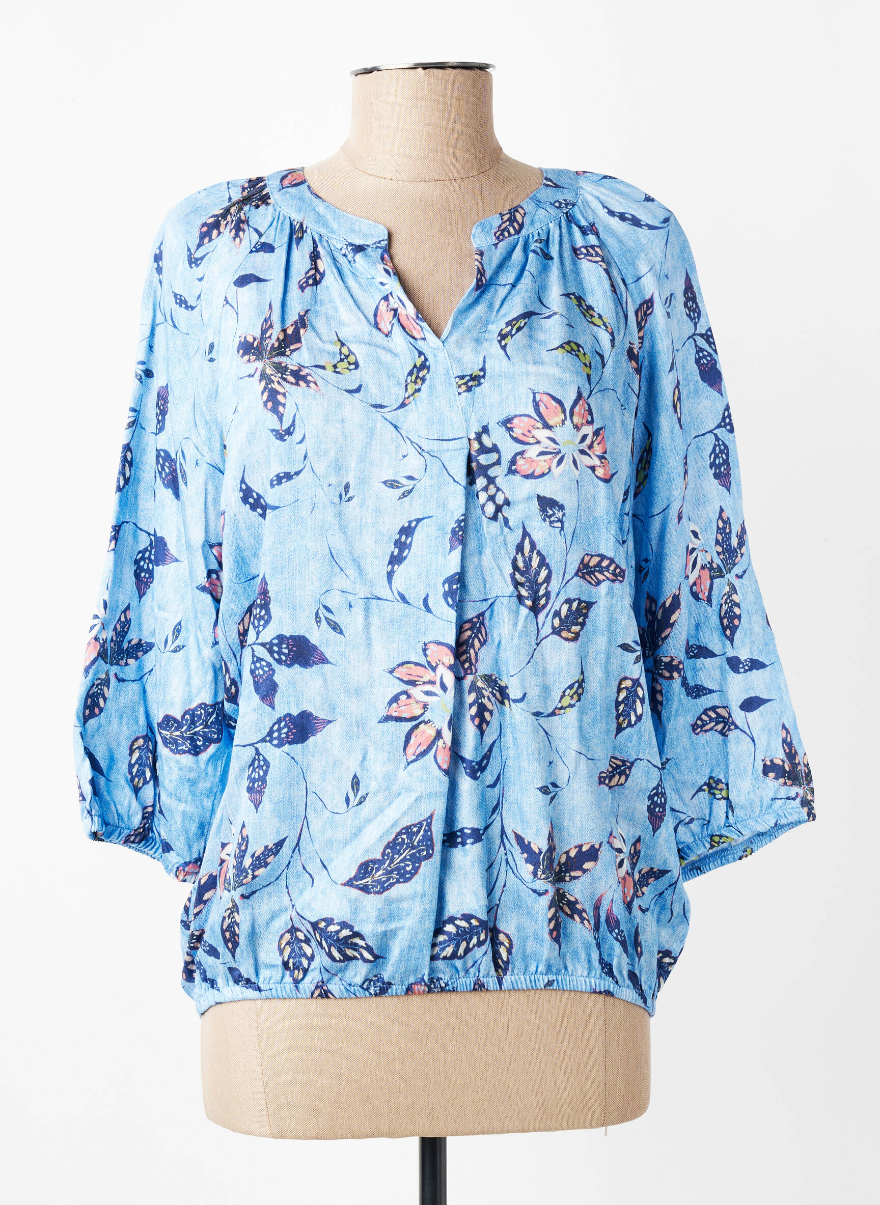 Blouse tissage popeline manches 3/4 bleu BIANCA femme