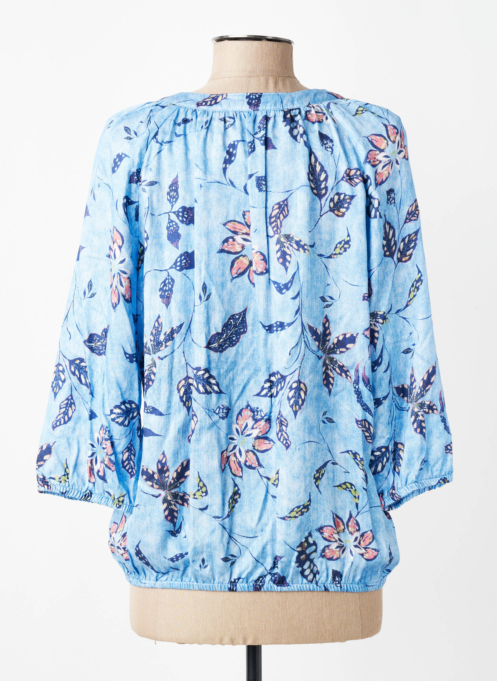 Blouse tissage popeline manches 3/4 bleu BIANCA femme