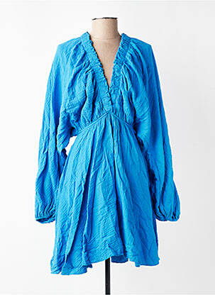 Robe mi-longue tissage crêpe manches longues bleu L'ESSENTIEL femme