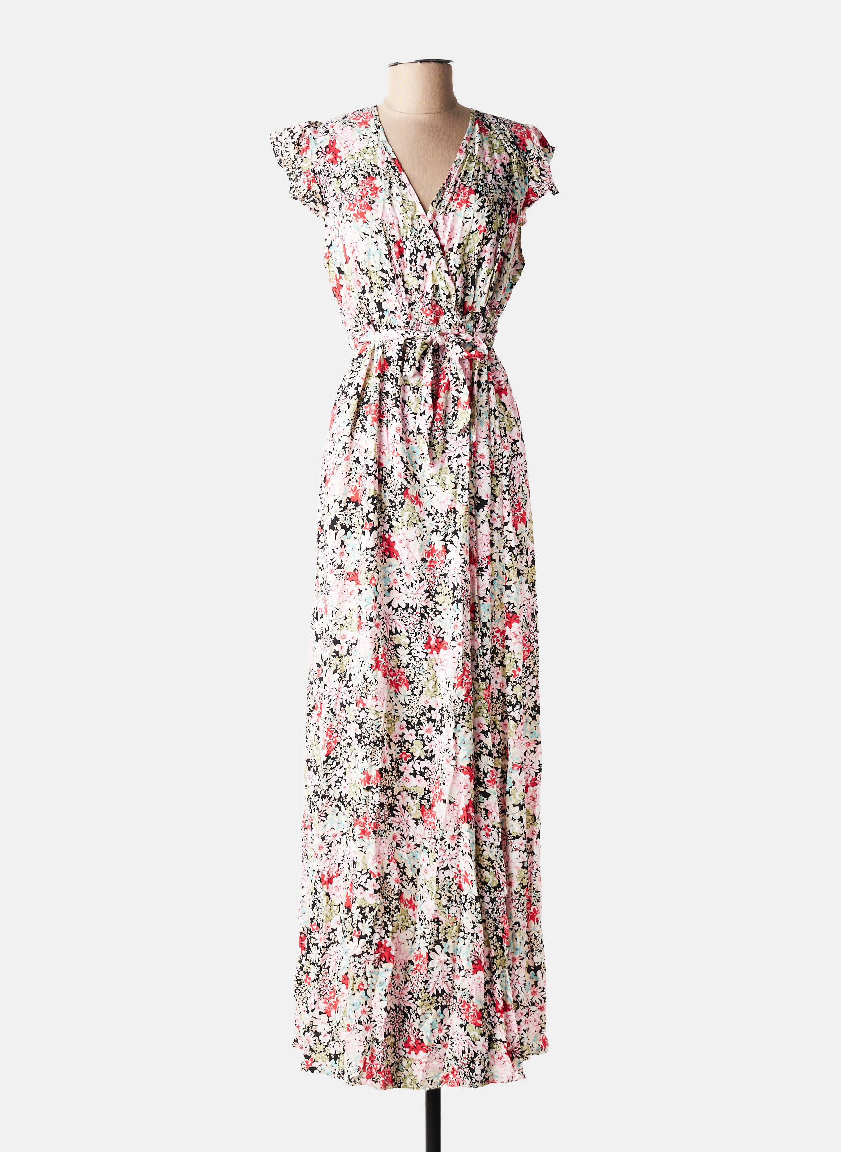 Robe longue imprimé fleurs manches courtes rouge D&X femme