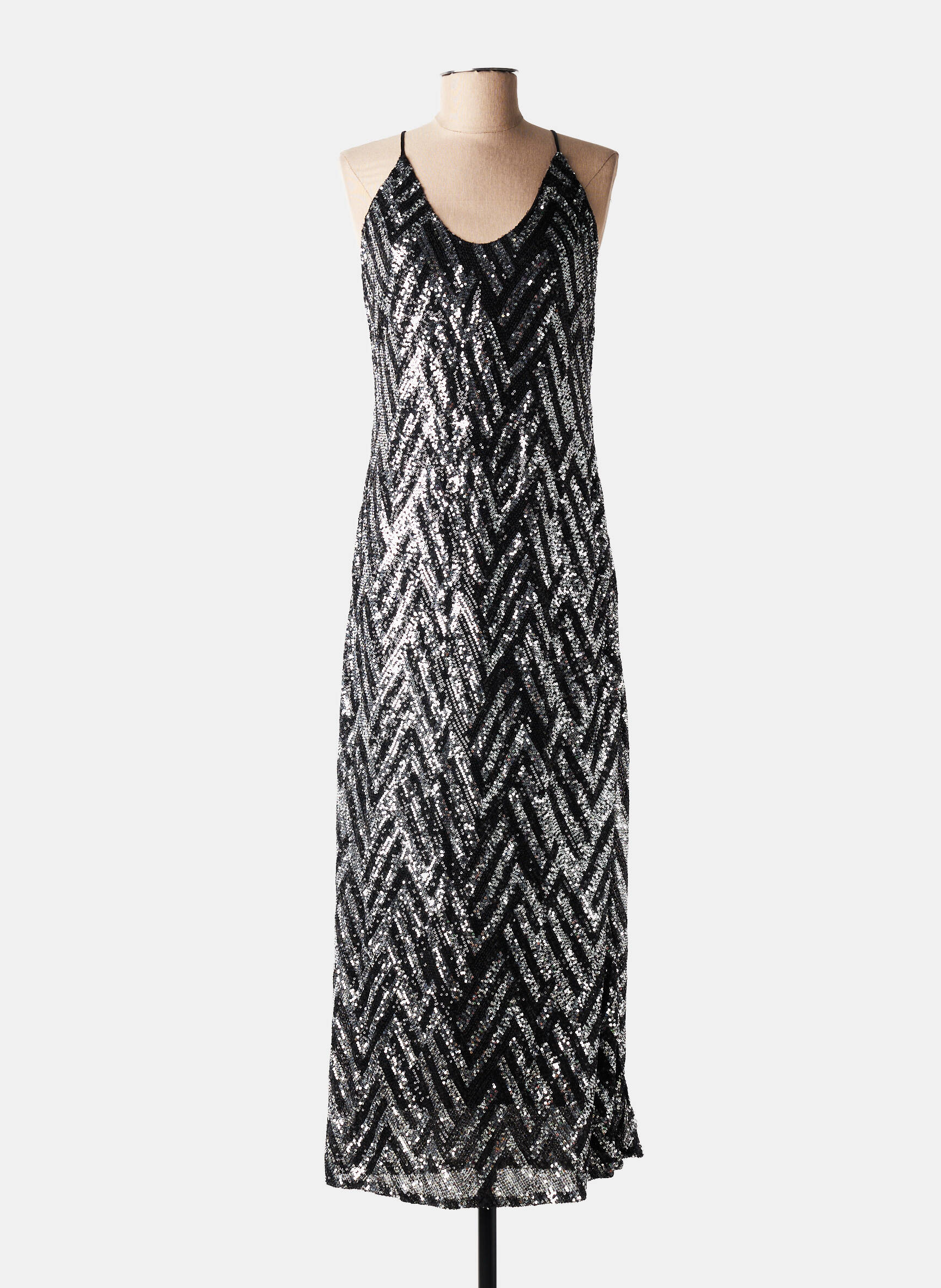 Robe longue coupe cintrée fines bretelles argent GOLDEN LIVE femme