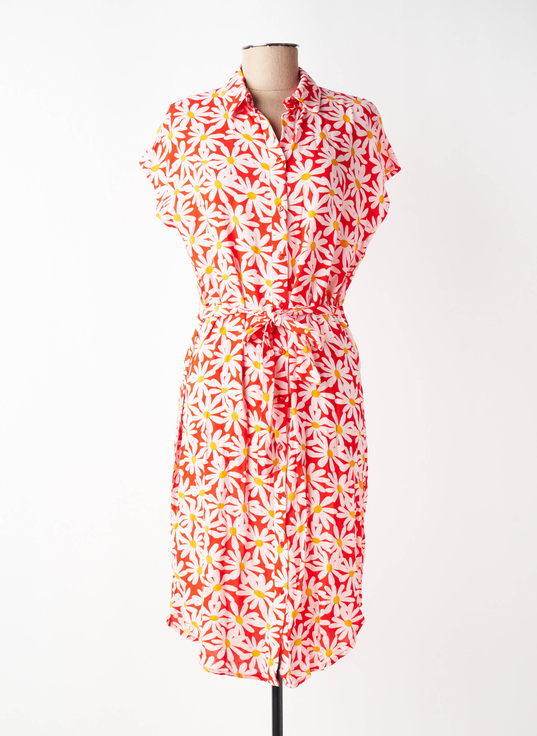 Robe mi-longue imprimé fleurs manches courtes rouge PIECES femme