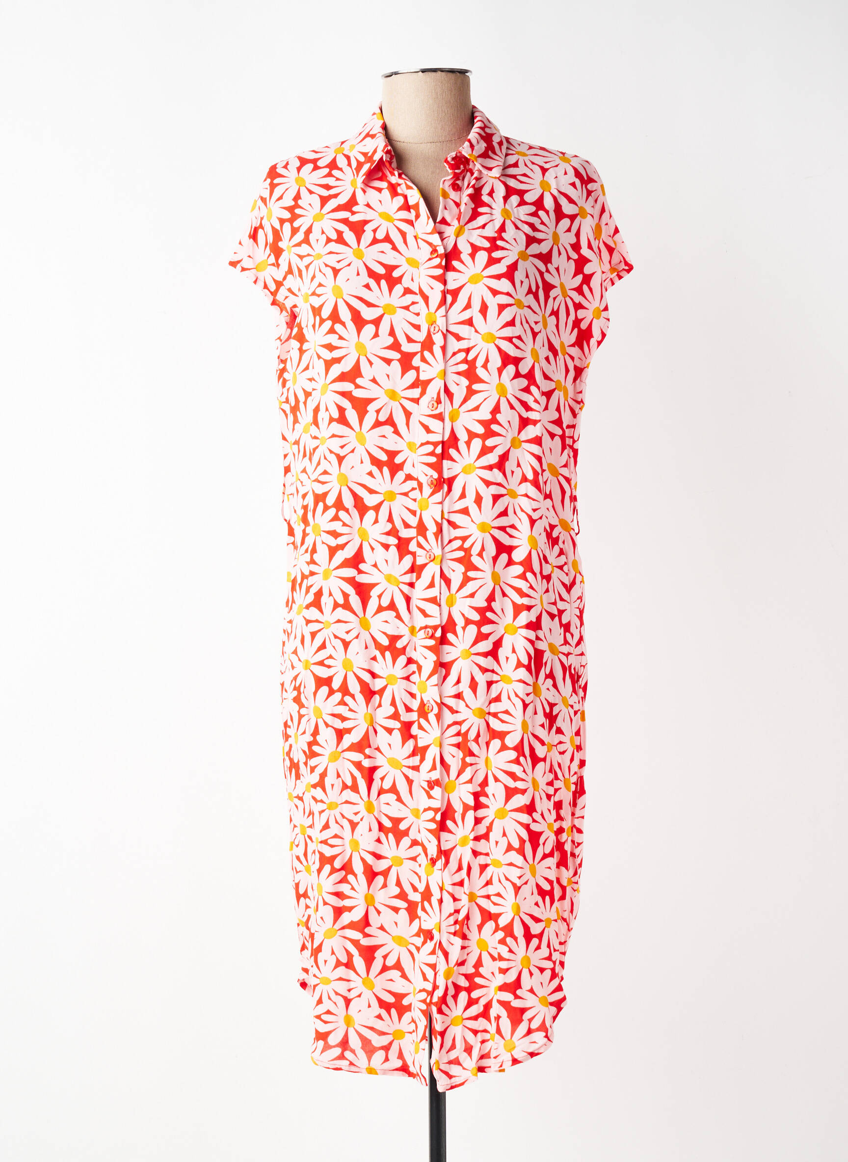 Robe mi-longue imprimé fleurs manches courtes rouge PIECES femme