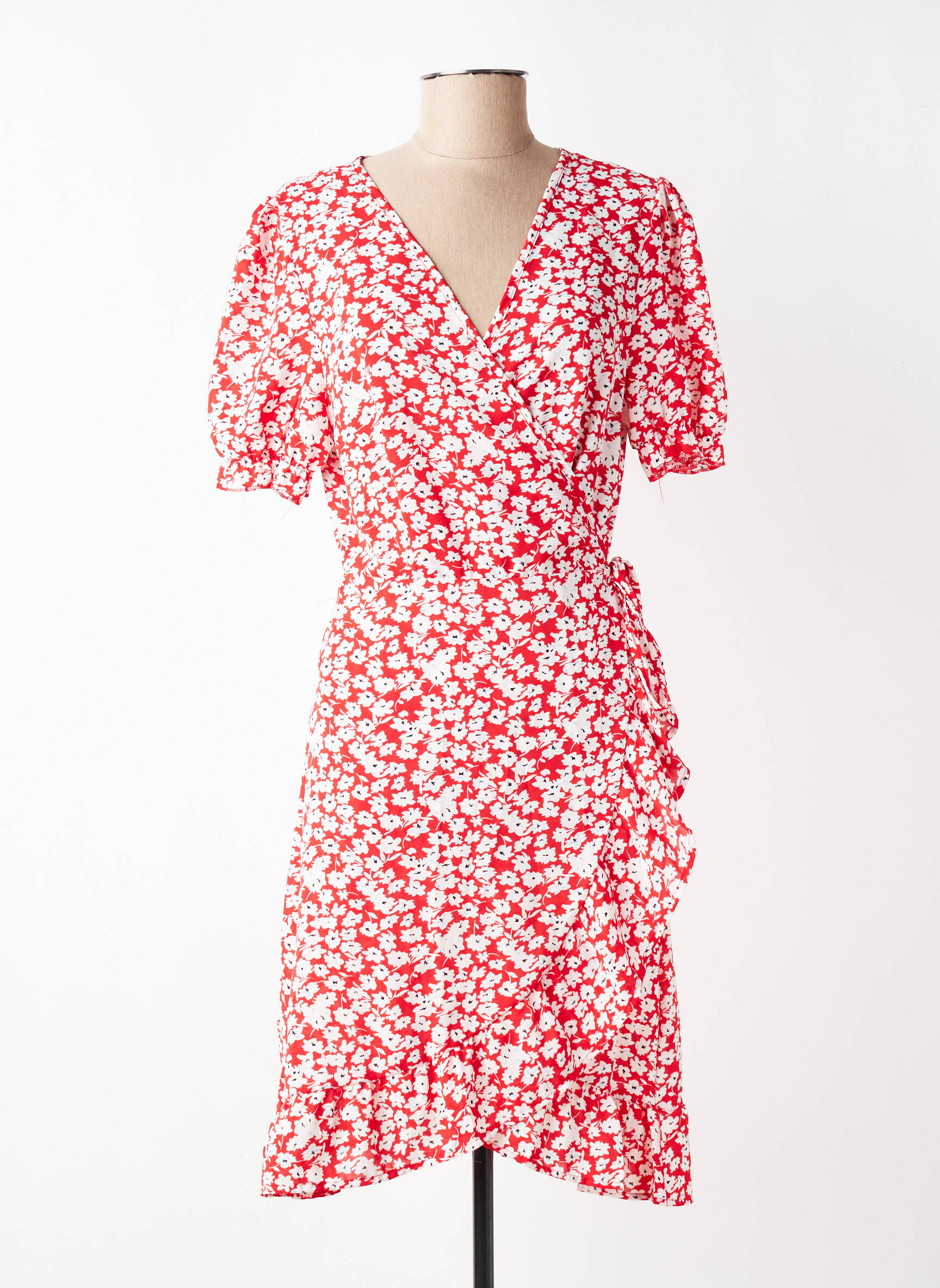 Robe mi-longue imprimé fleurs manches courtes rouge ELENA Z femme