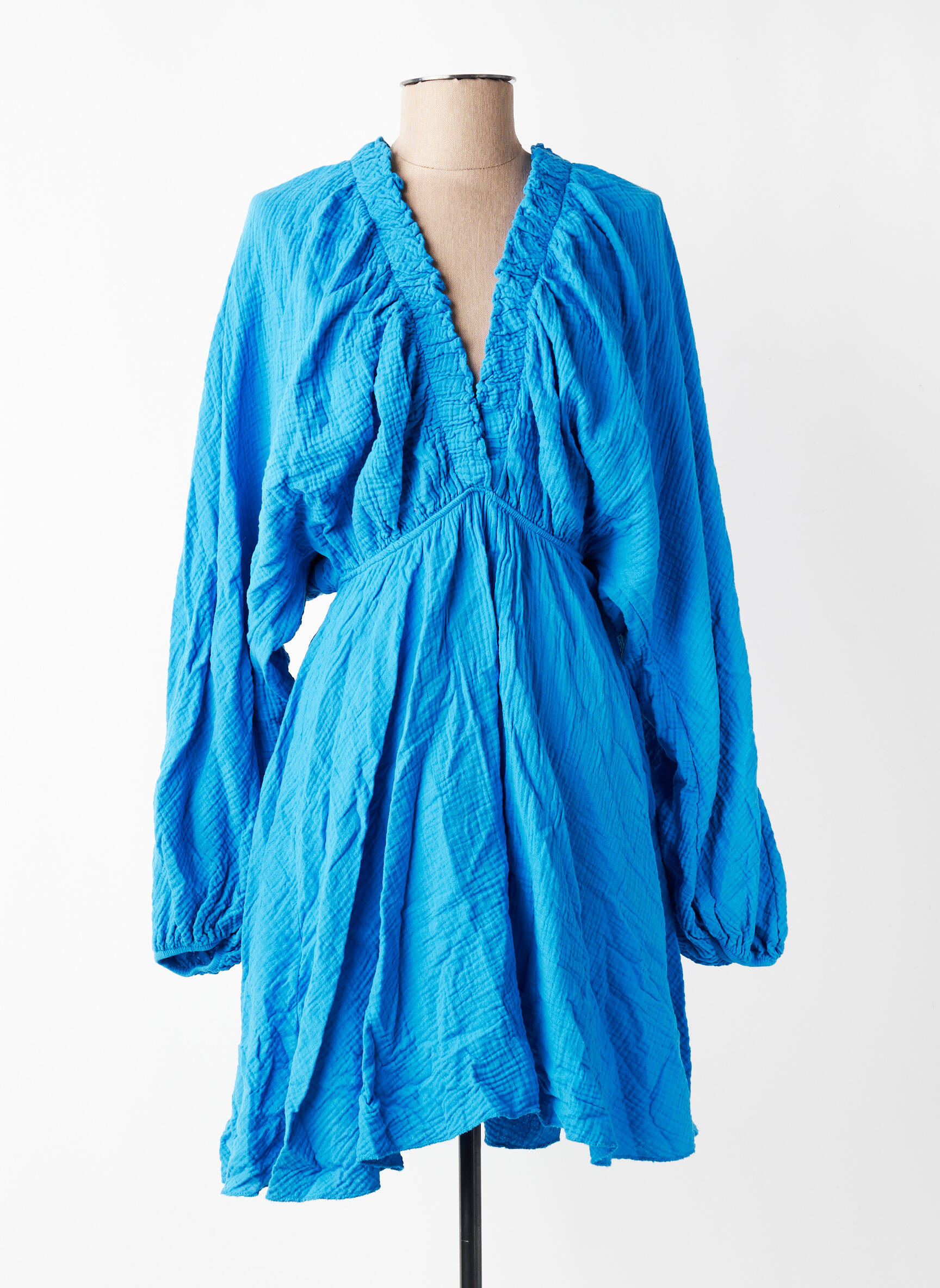 Robe mi-longue tissage crêpe manches longues bleu L'ESSENTIEL femme