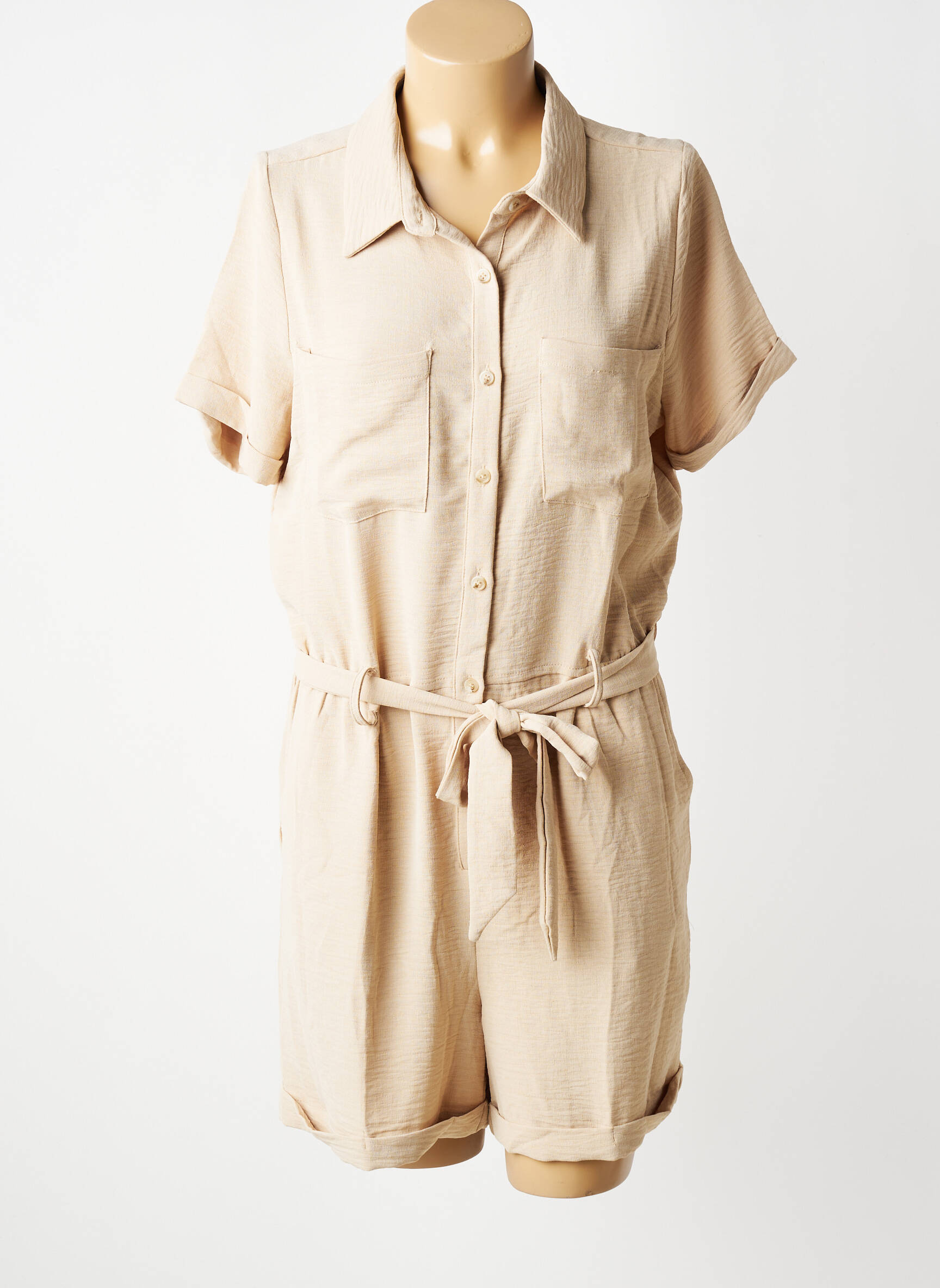 Combishort tissage crêpe manches courtes beige DEELUXE femme