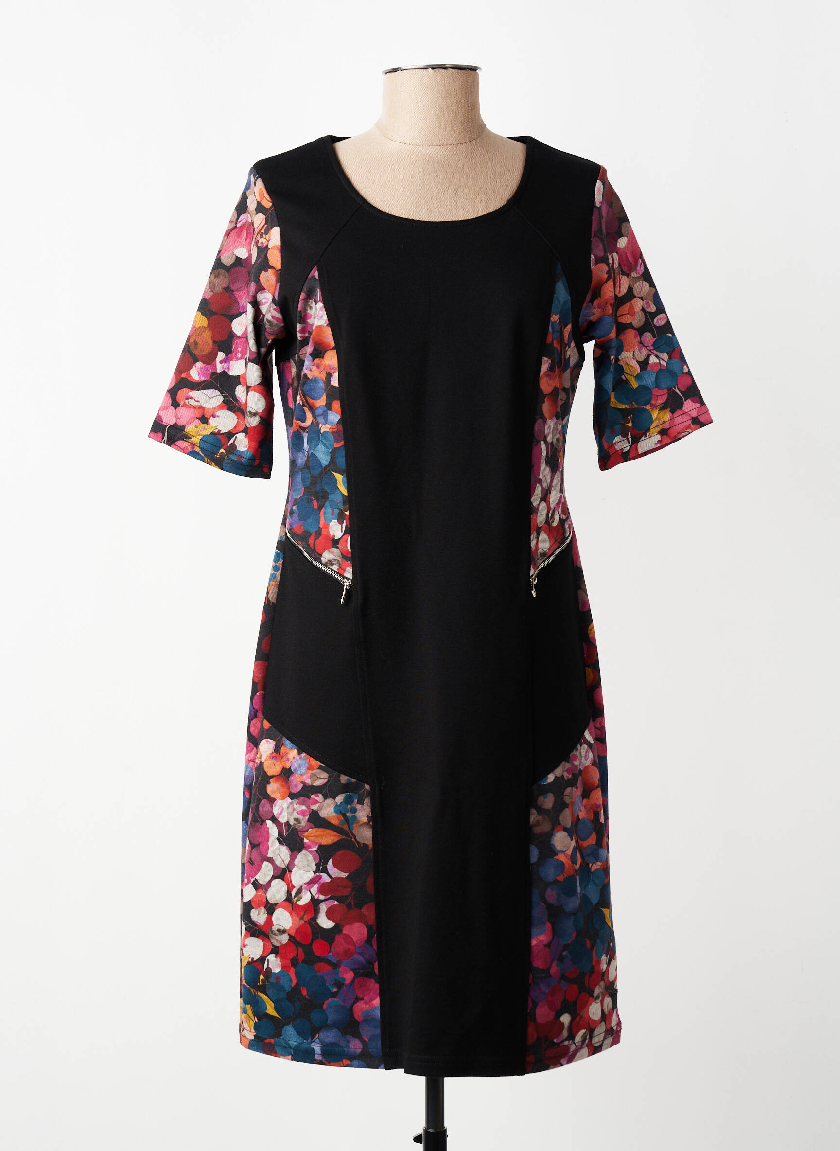 Robe mi-longue imprimé fleurs manches courtes noir HALOGENE femme