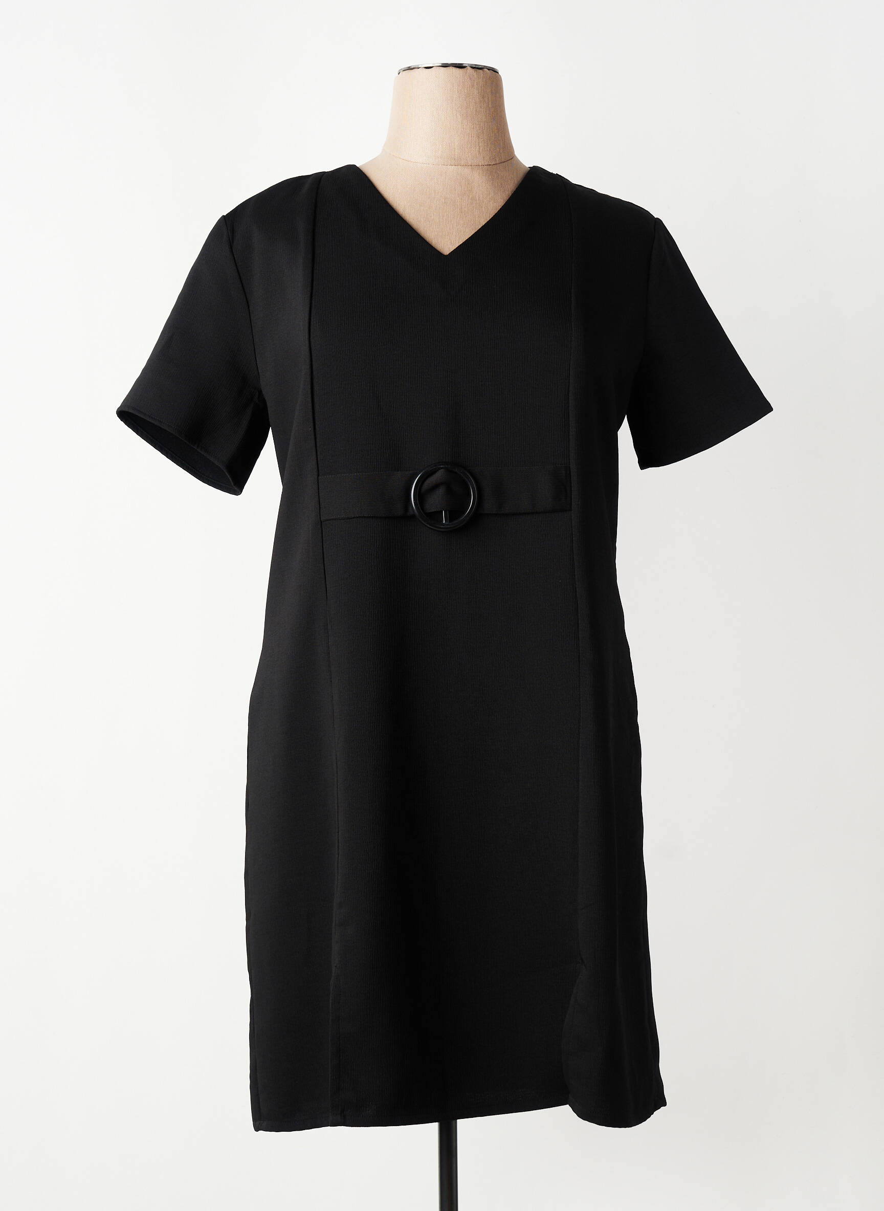 Robe mi-longue tissage crêpe manches courtes noir AURA BY FIGURE LIBRE femme