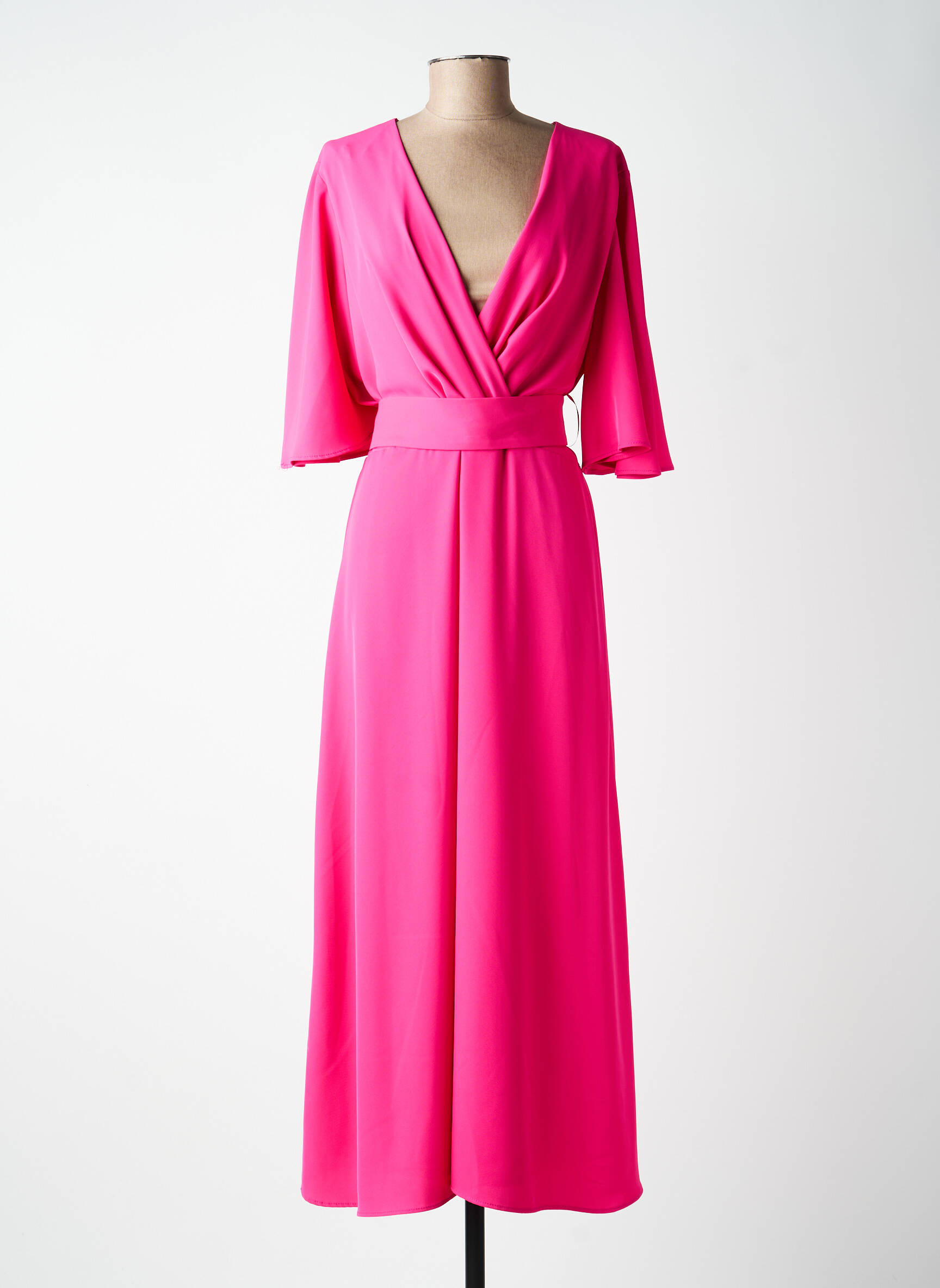Robe longue tissage crêpe manches 3/4 rose BARILOCHE femme