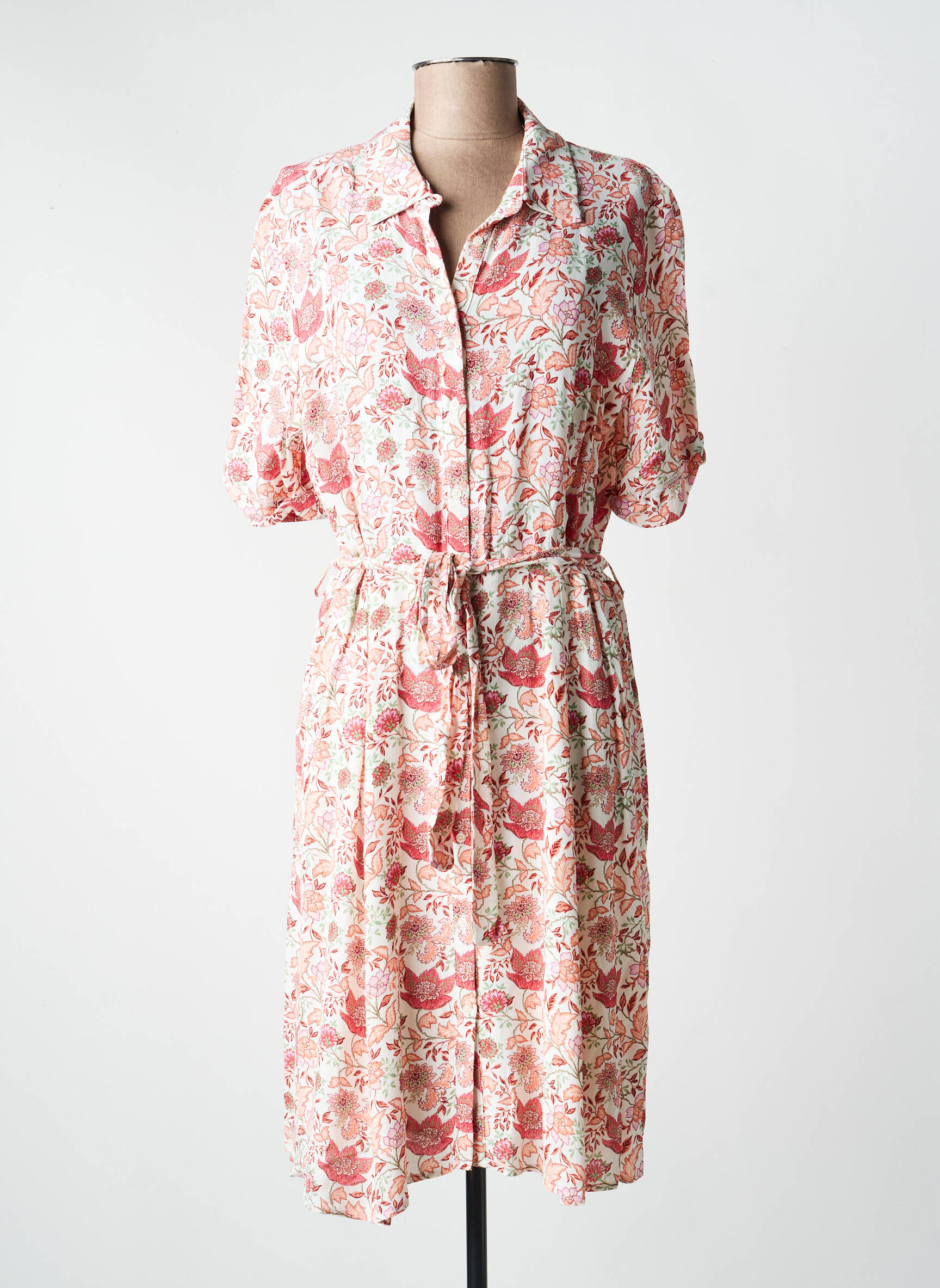 Robe mi-longue imprimé fleurs manches courtes orange C'EST BEAU LA VIE femme