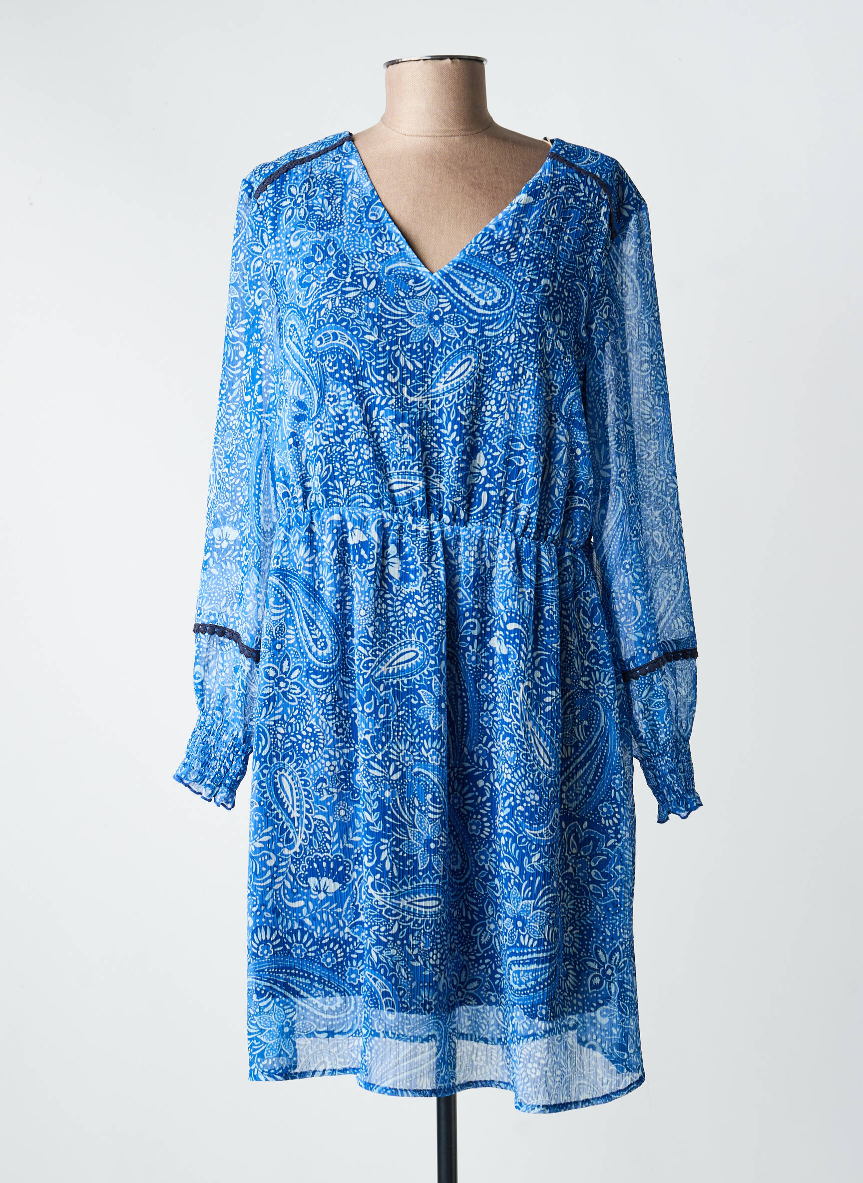 Robe courte coupe fluide manches longues bleu C'EST BEAU LA VIE femme
