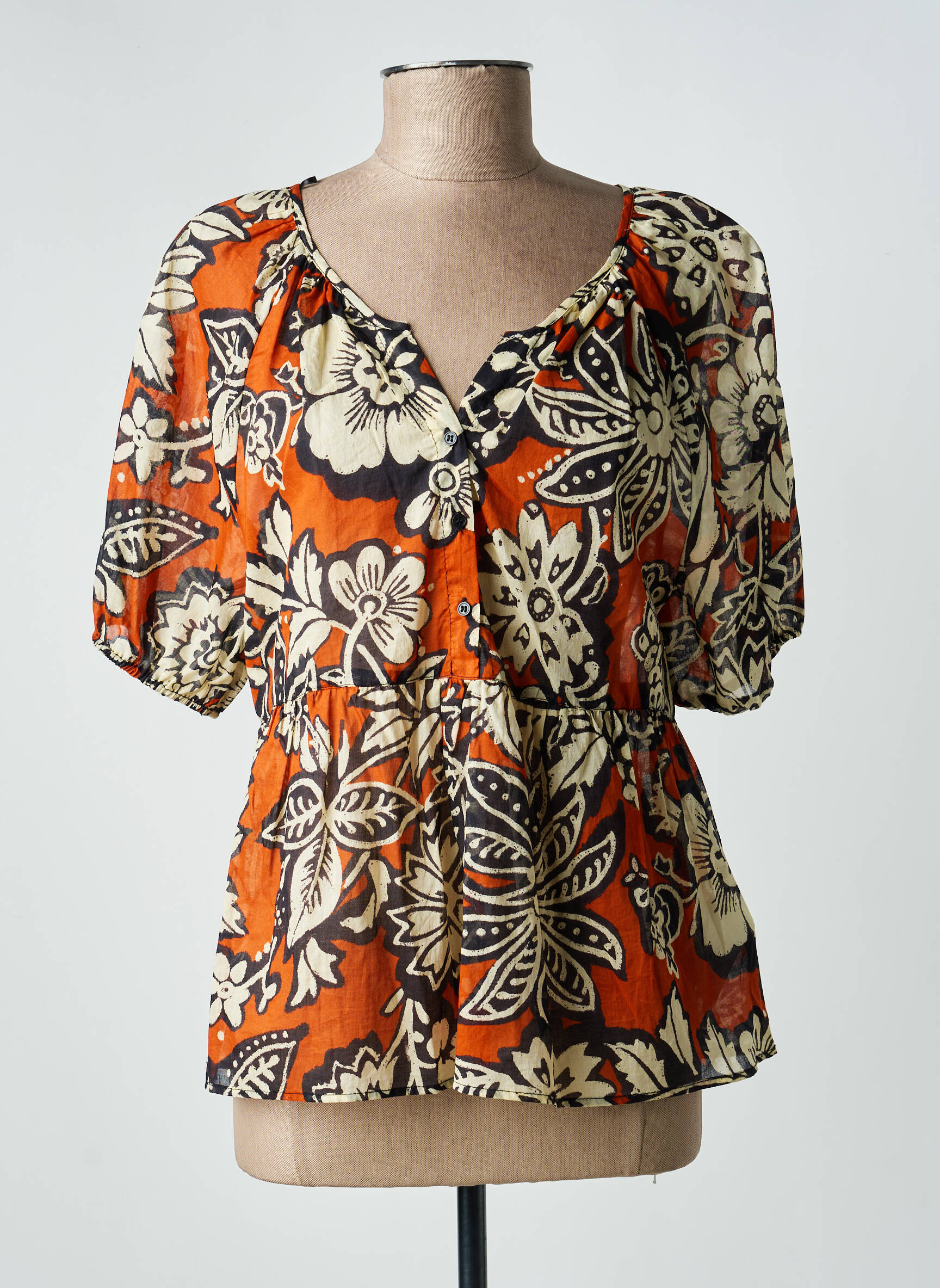 Blouse tissage popeline manches 3/4 orange C'EST BEAU LA VIE femme