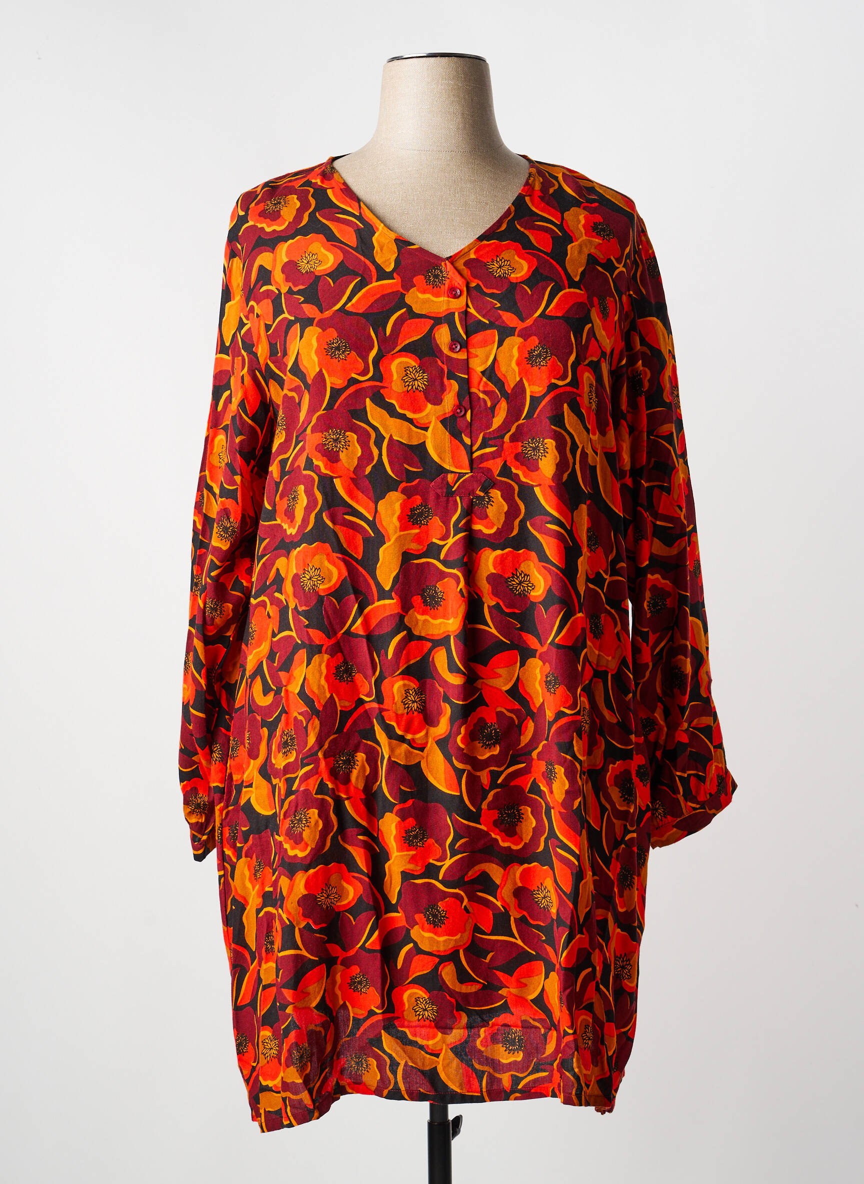 Robe mi-longue imprimé fleurs manches longues orange AGATHE & LOUISE femme