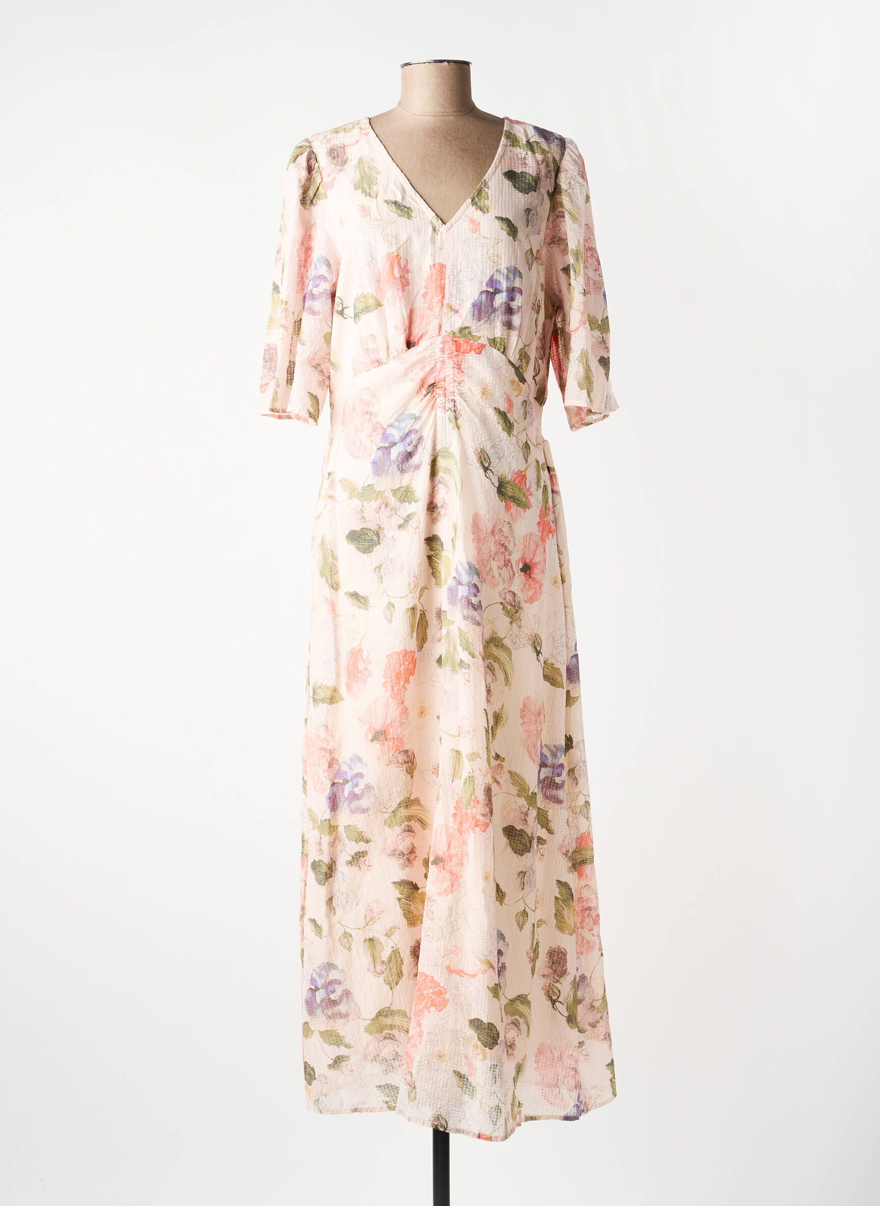Robe longue imprimé fleurs manches courtes beige CREAM femme