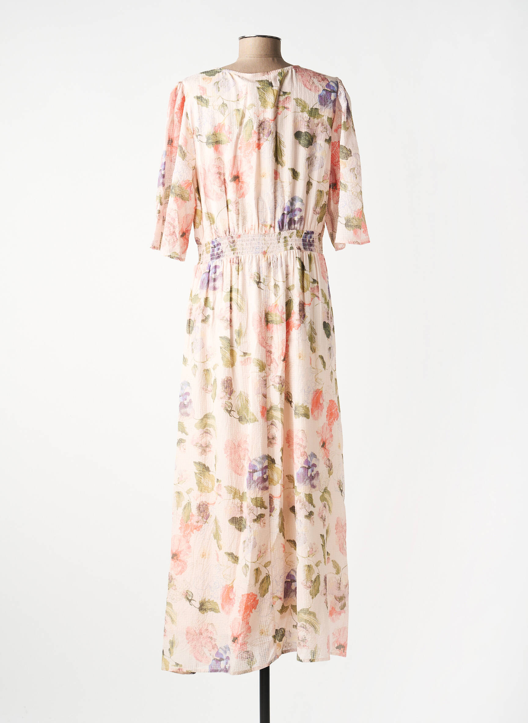Robe longue imprimé fleurs manches courtes beige CREAM femme