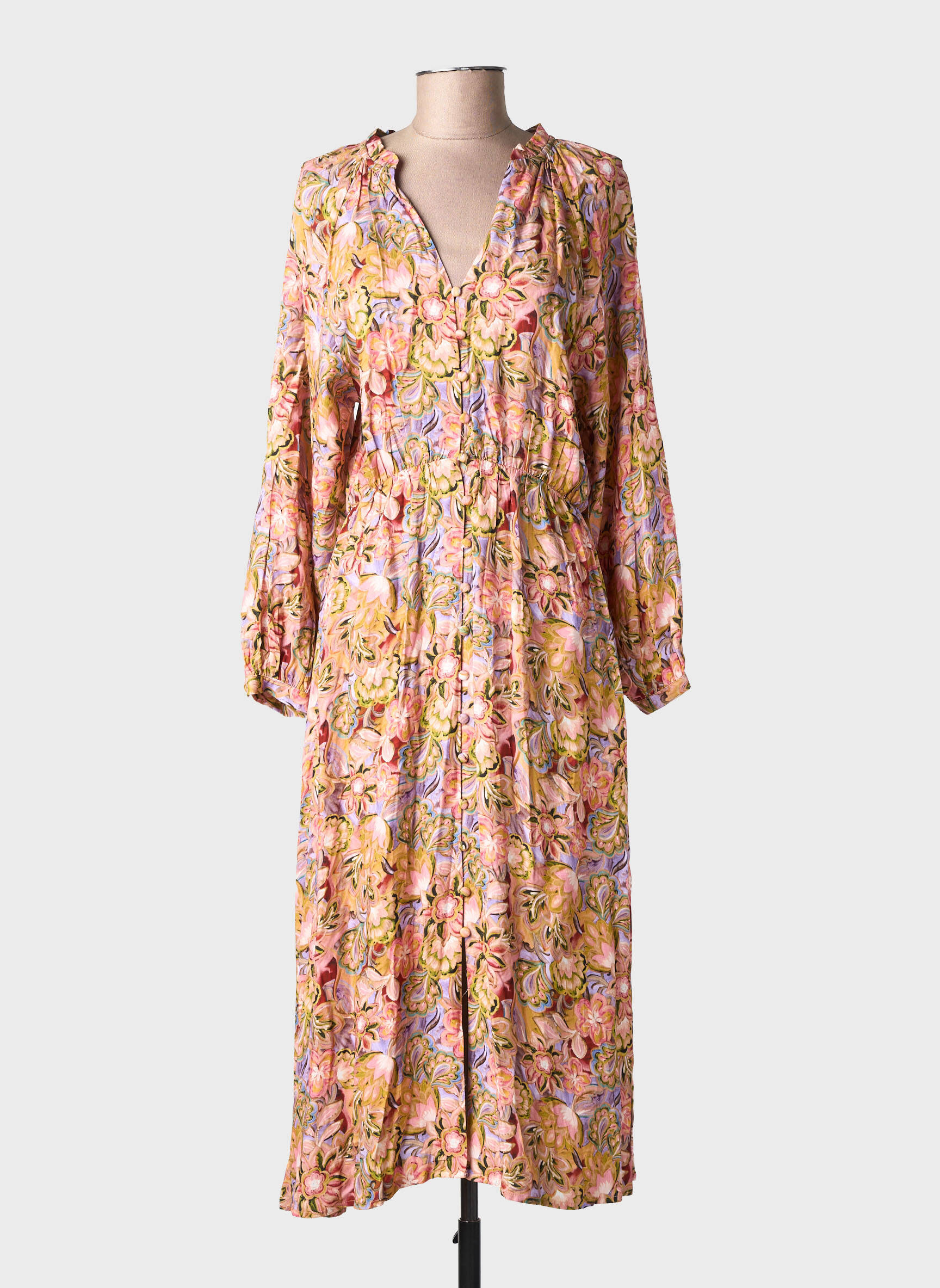 Robe mi-longue imprimé fleurs manches longues rose LA PETITE ETOILE femme