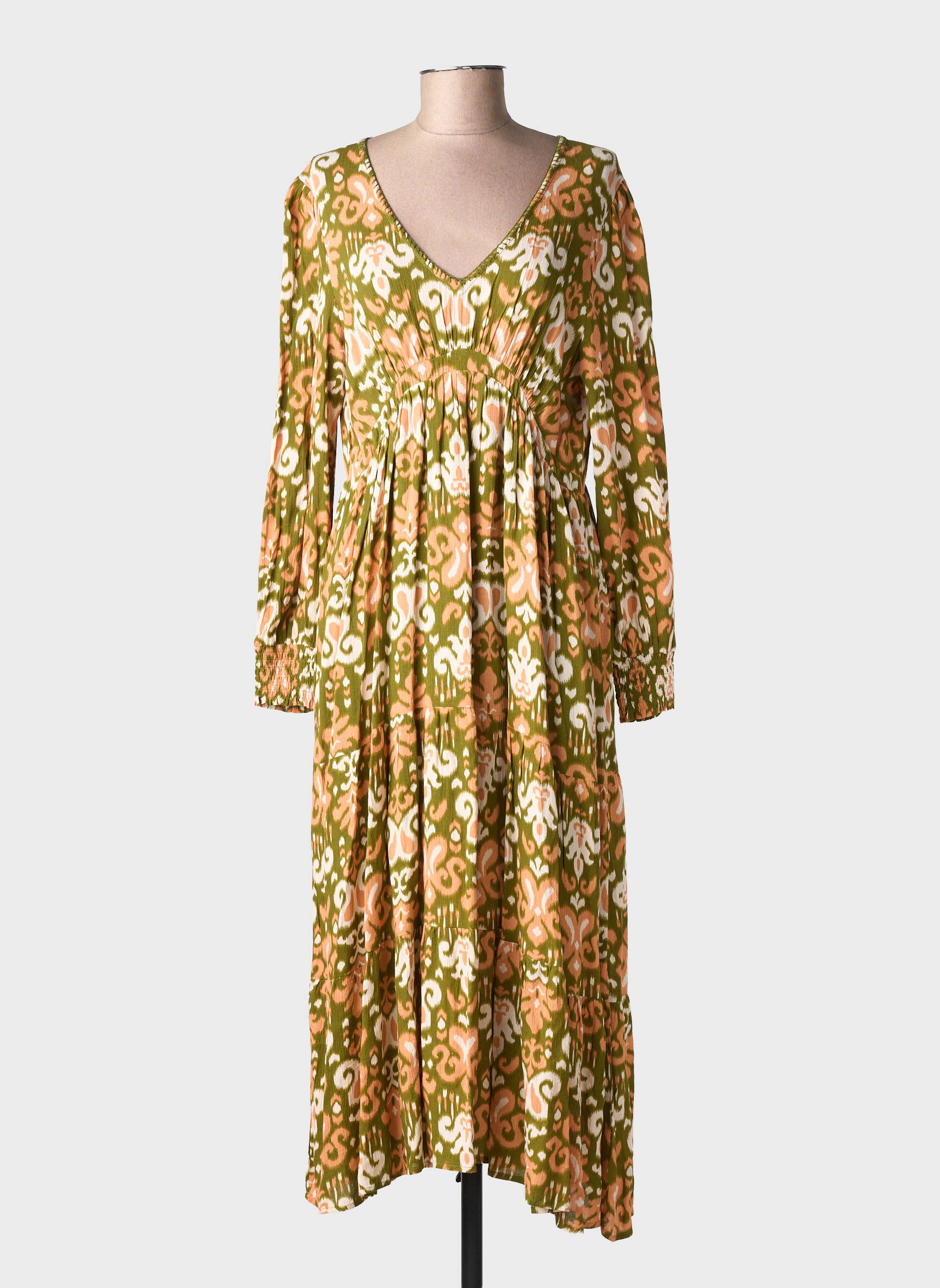 Robe mi-longue imprimé fantaisie manches longues vert EMILIE.K femme