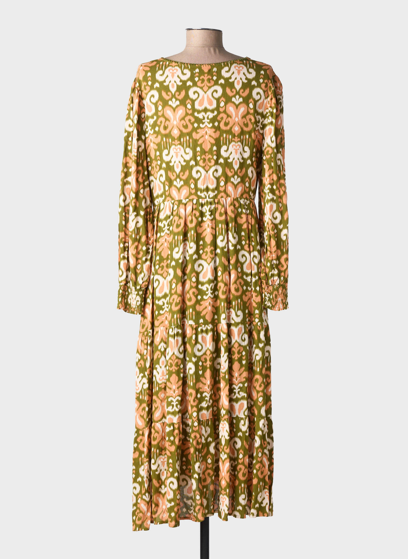 Robe mi-longue imprimé fantaisie manches longues vert EMILIE.K femme