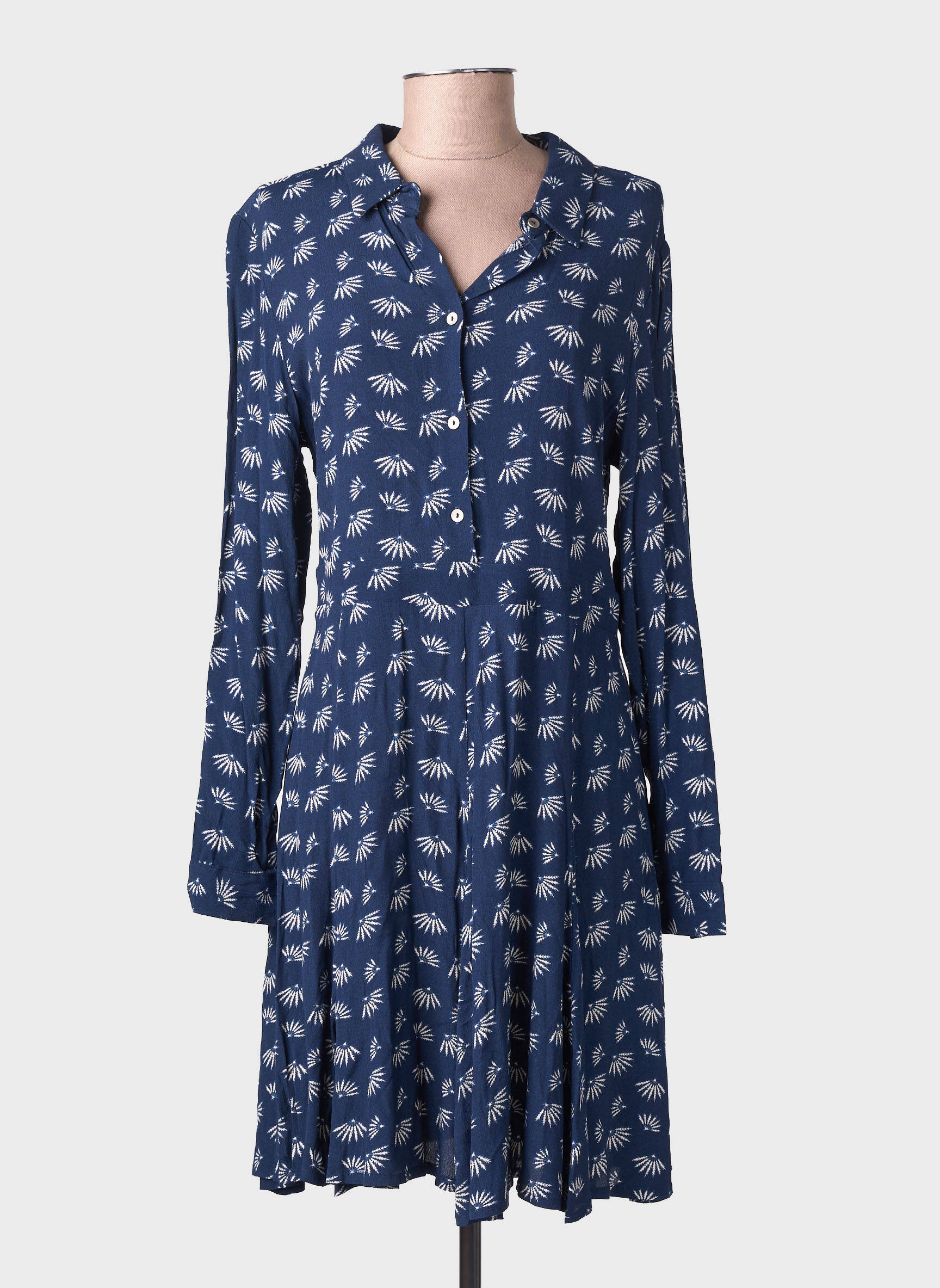 Robe mi-longue imprimé fantaisie manches longues bleu YUKA femme