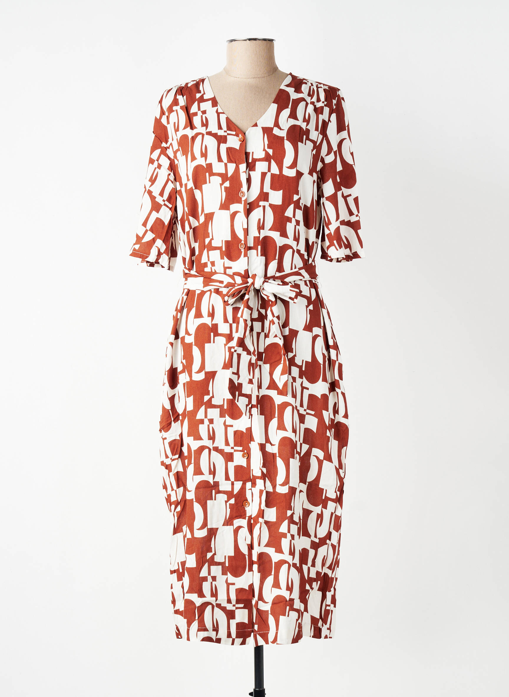 Robe mi-longue imprimé fantaisie manches courtes marron ZILCH femme