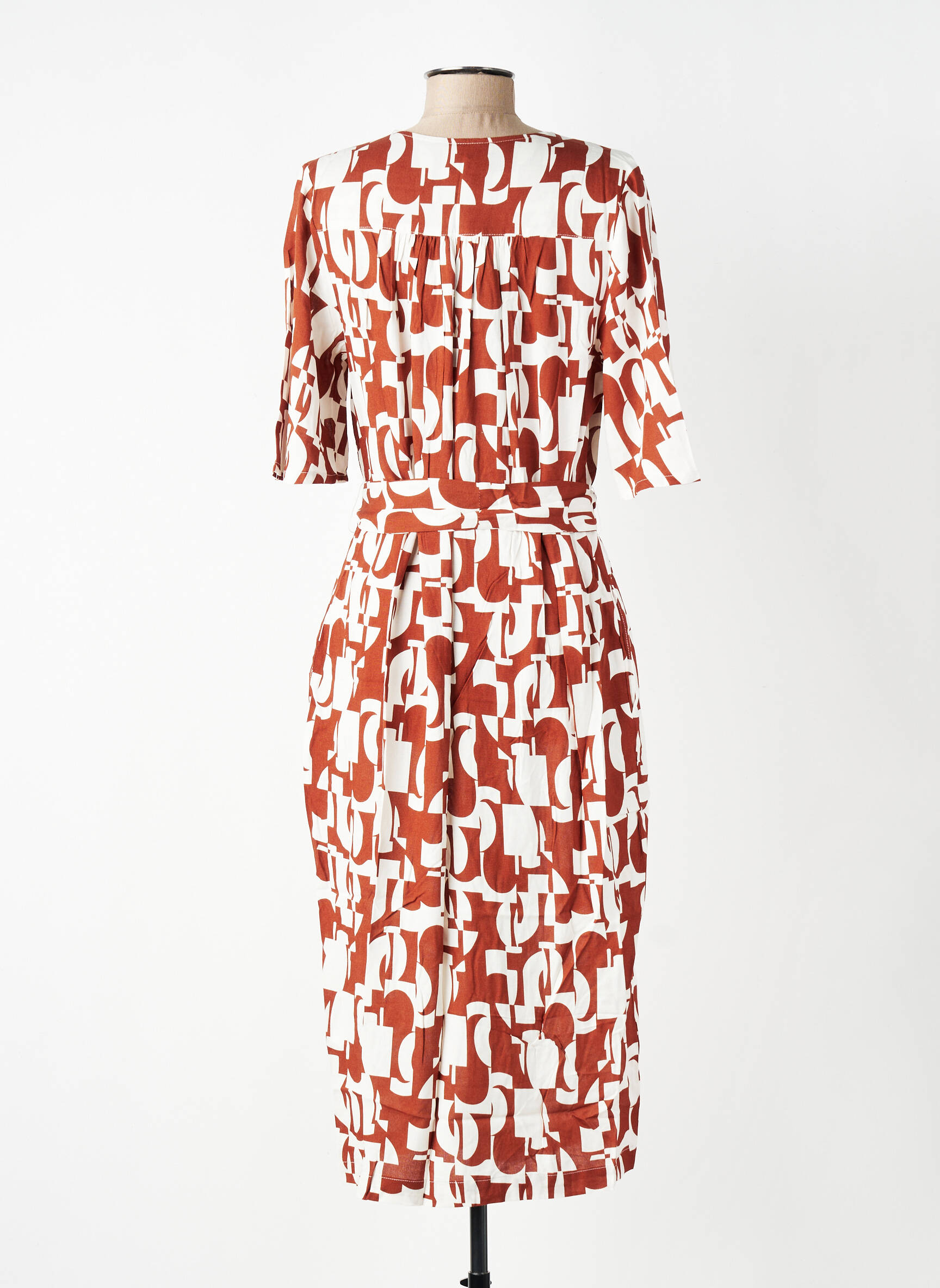 Robe mi-longue imprimé fantaisie manches courtes marron ZILCH femme