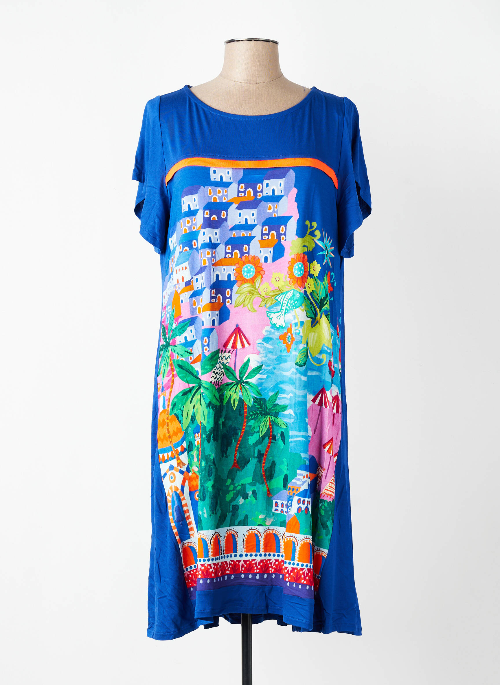 Robe mi-longue imprimé fleurs manches courtes bleu AN II VITO femme