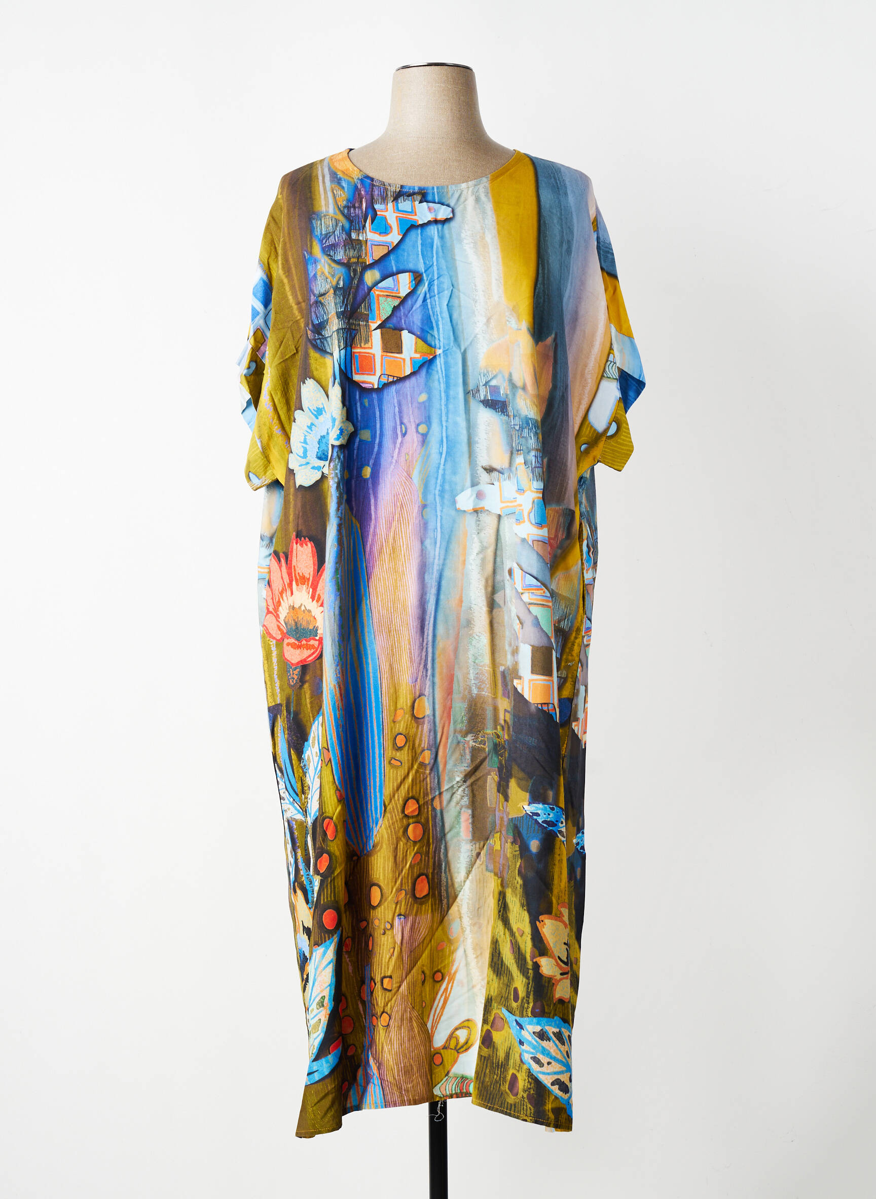 Robe longue tissage popeline manches courtes bleu FLY OUT femme