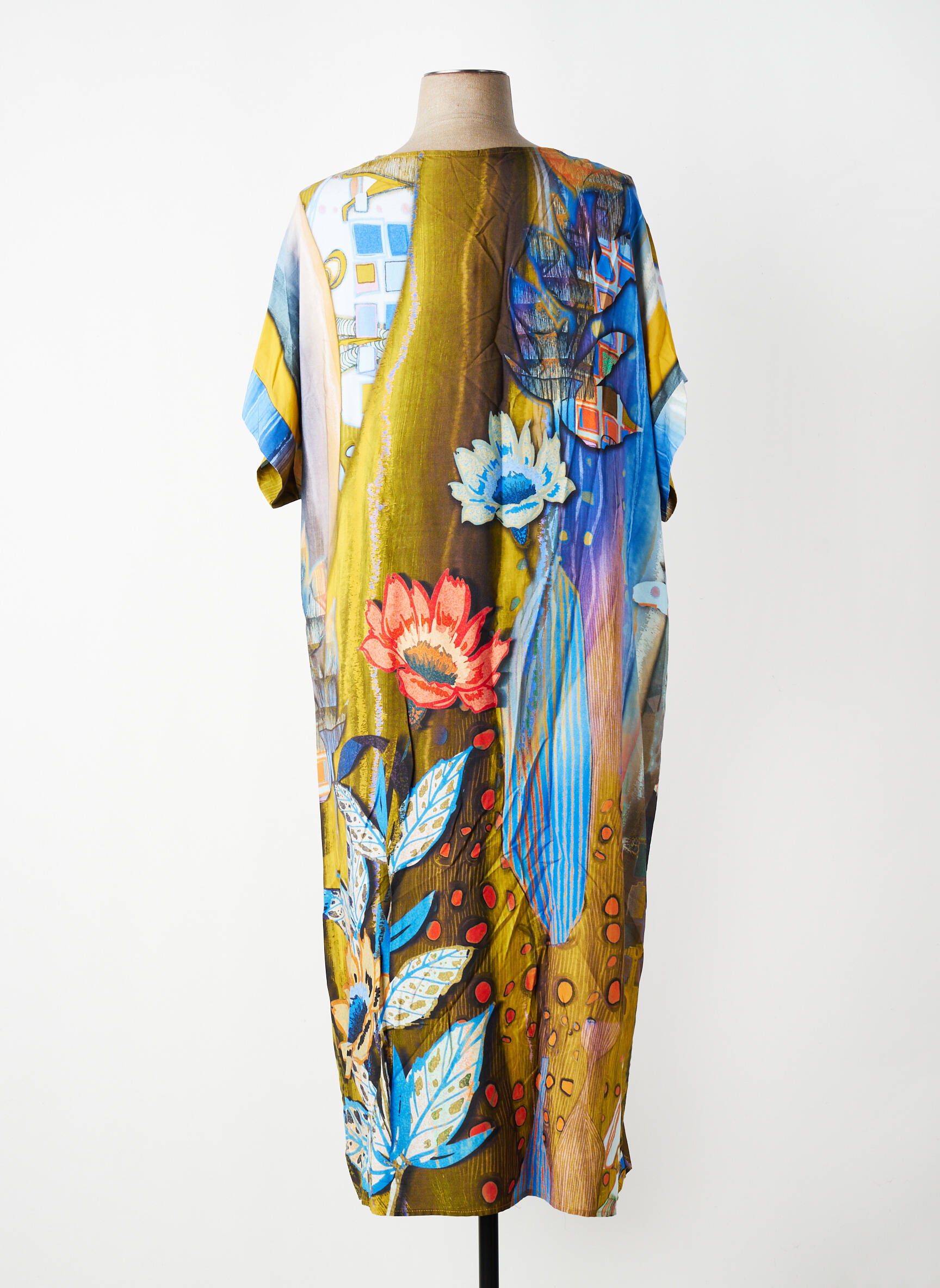 Robe longue tissage popeline manches courtes bleu FLY OUT femme