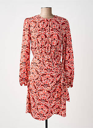 Robe mi-longue imprimé fleurs manches longues rouge C'EST BEAU LA VIE femme