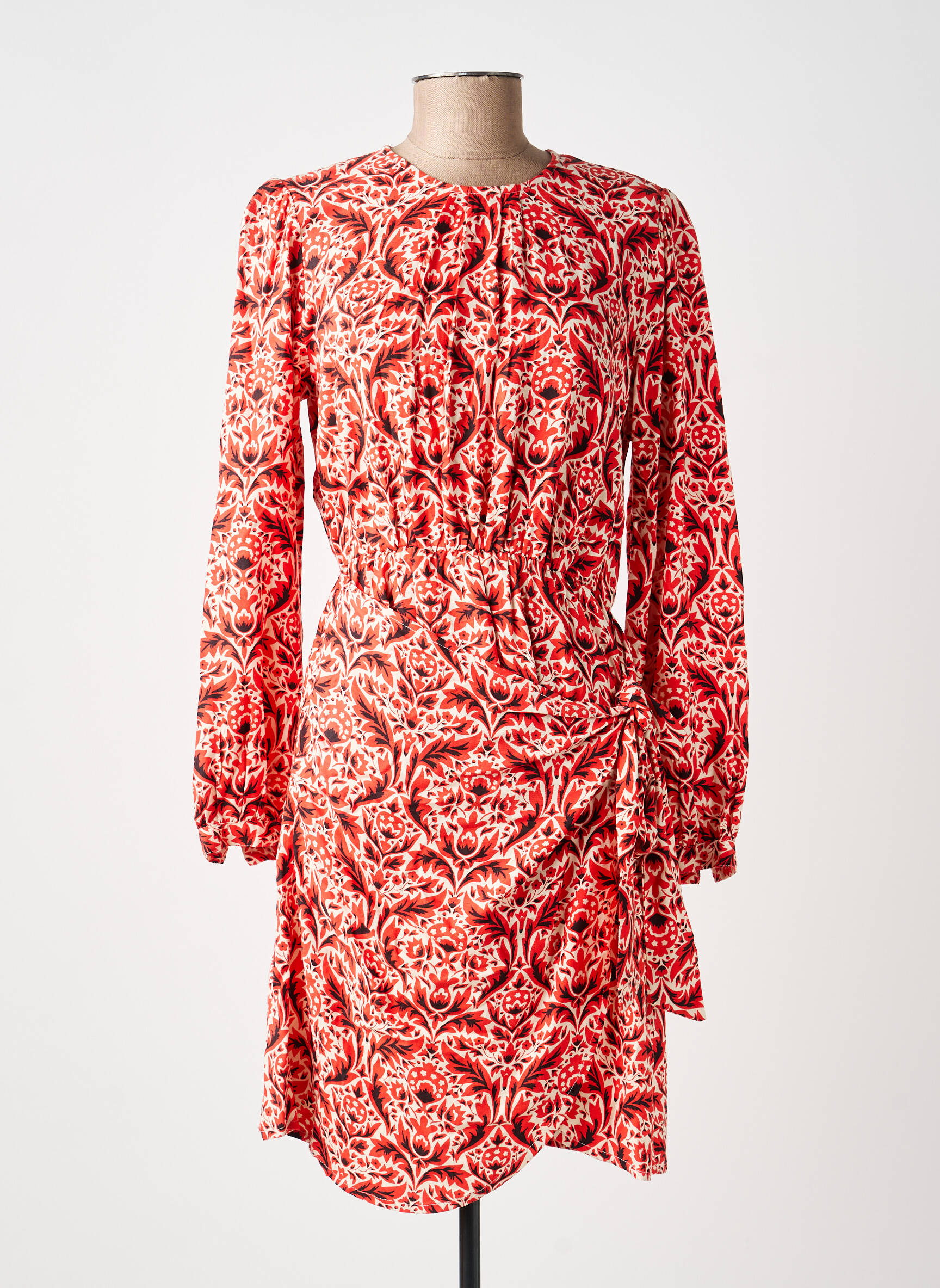 Robe mi-longue imprimé fleurs manches longues rouge C'EST BEAU LA VIE femme