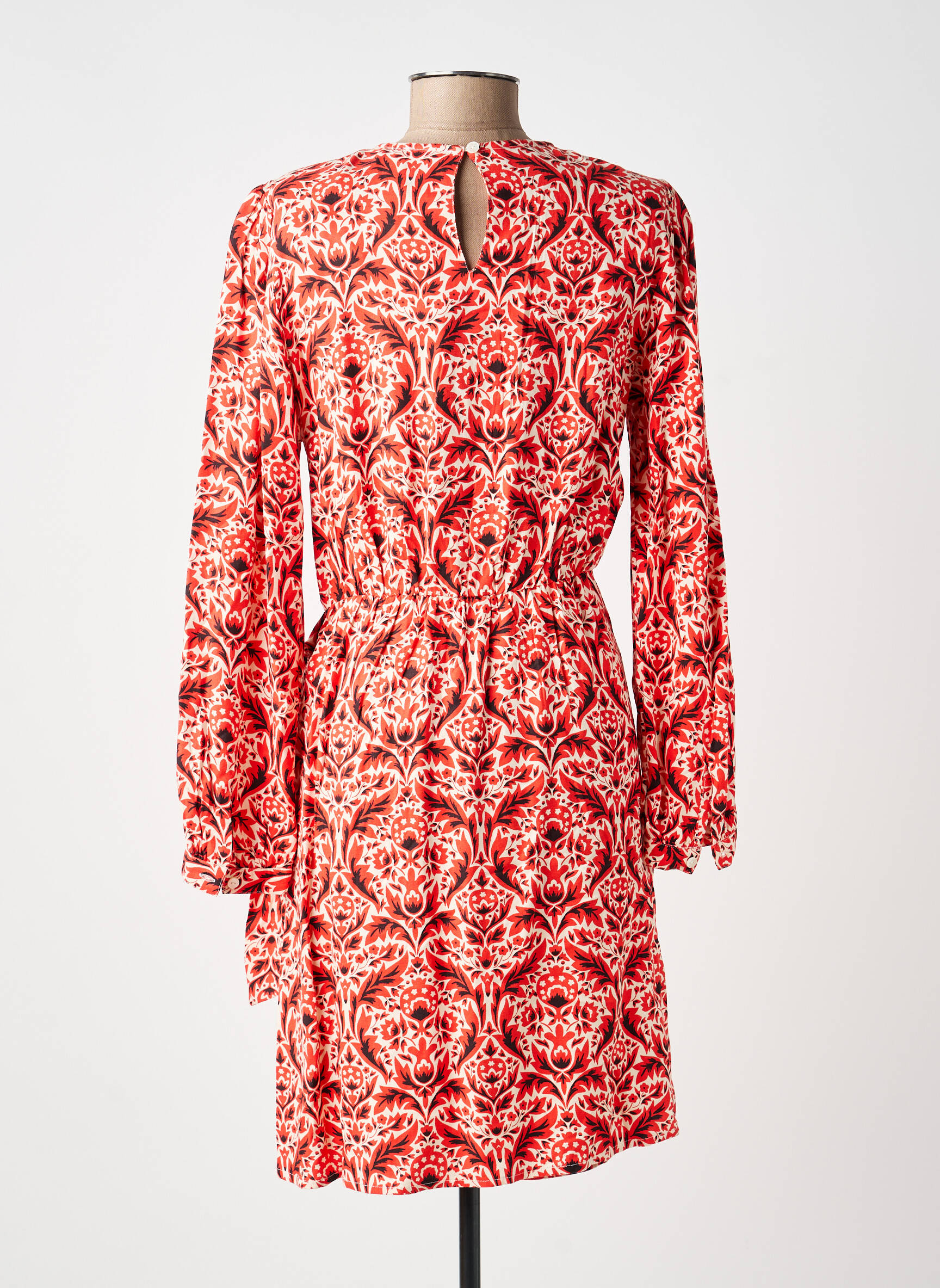 Robe mi-longue imprimé fleurs manches longues rouge C'EST BEAU LA VIE femme
