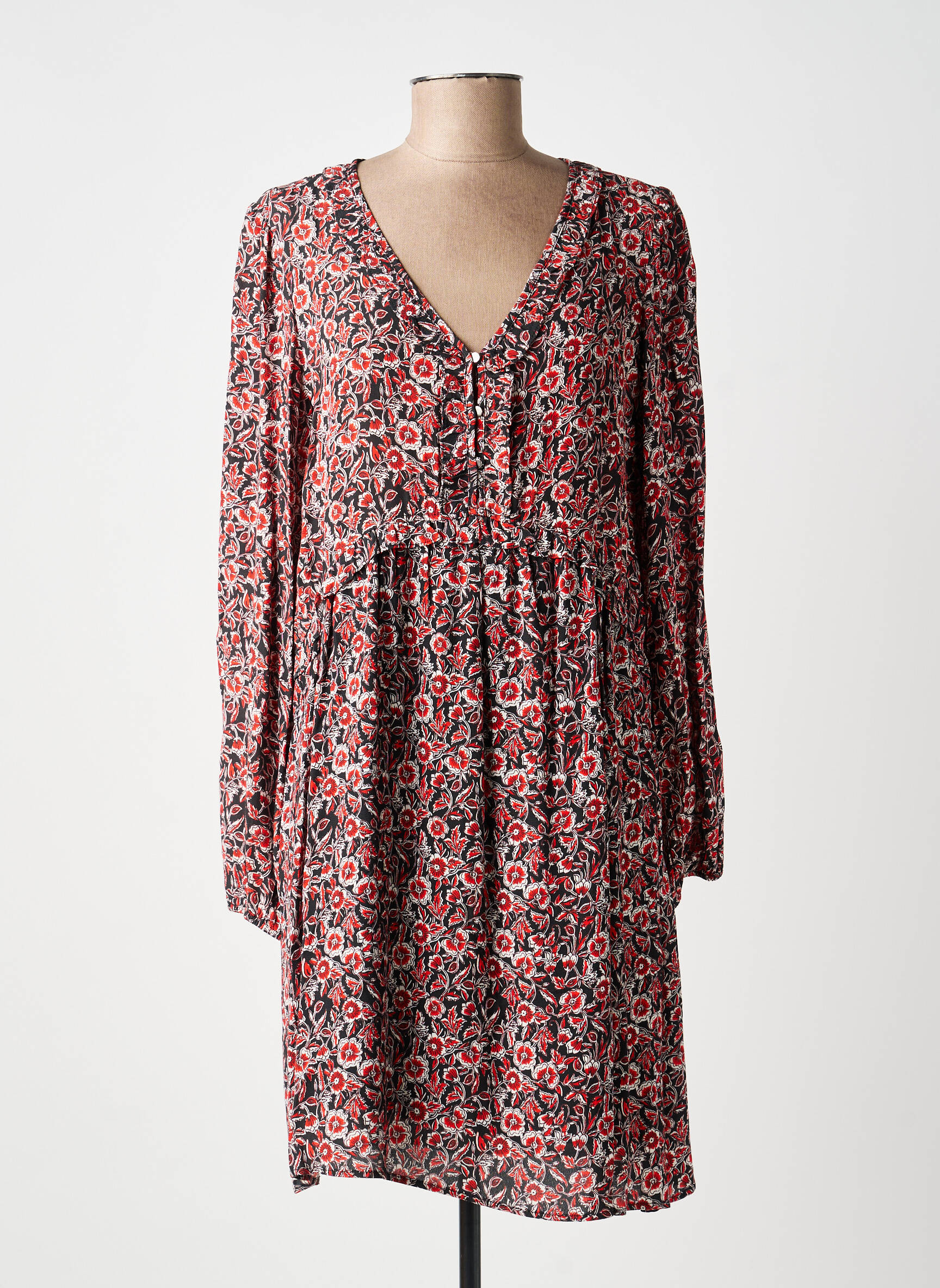Robe mi-longue imprimé fleurs manches longues rouge C'EST BEAU LA VIE femme