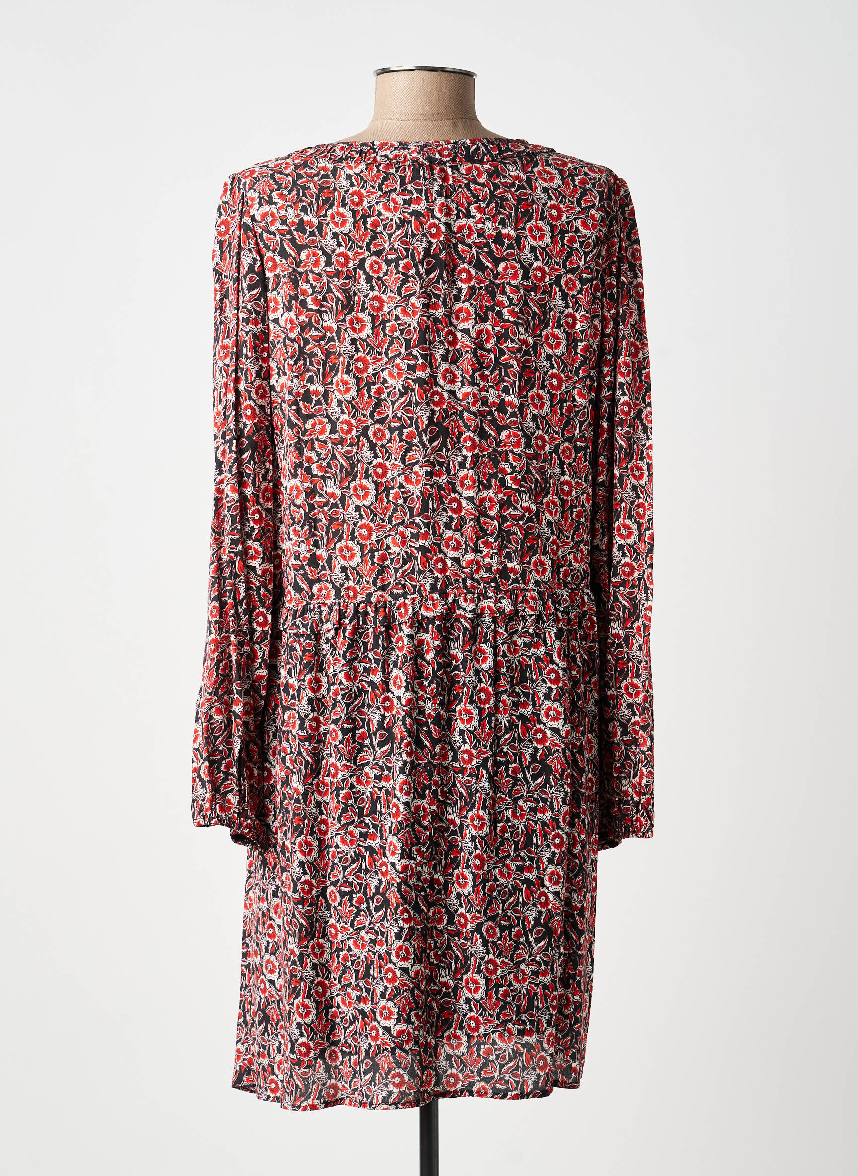 Robe mi-longue imprimé fleurs manches longues rouge C'EST BEAU LA VIE femme
