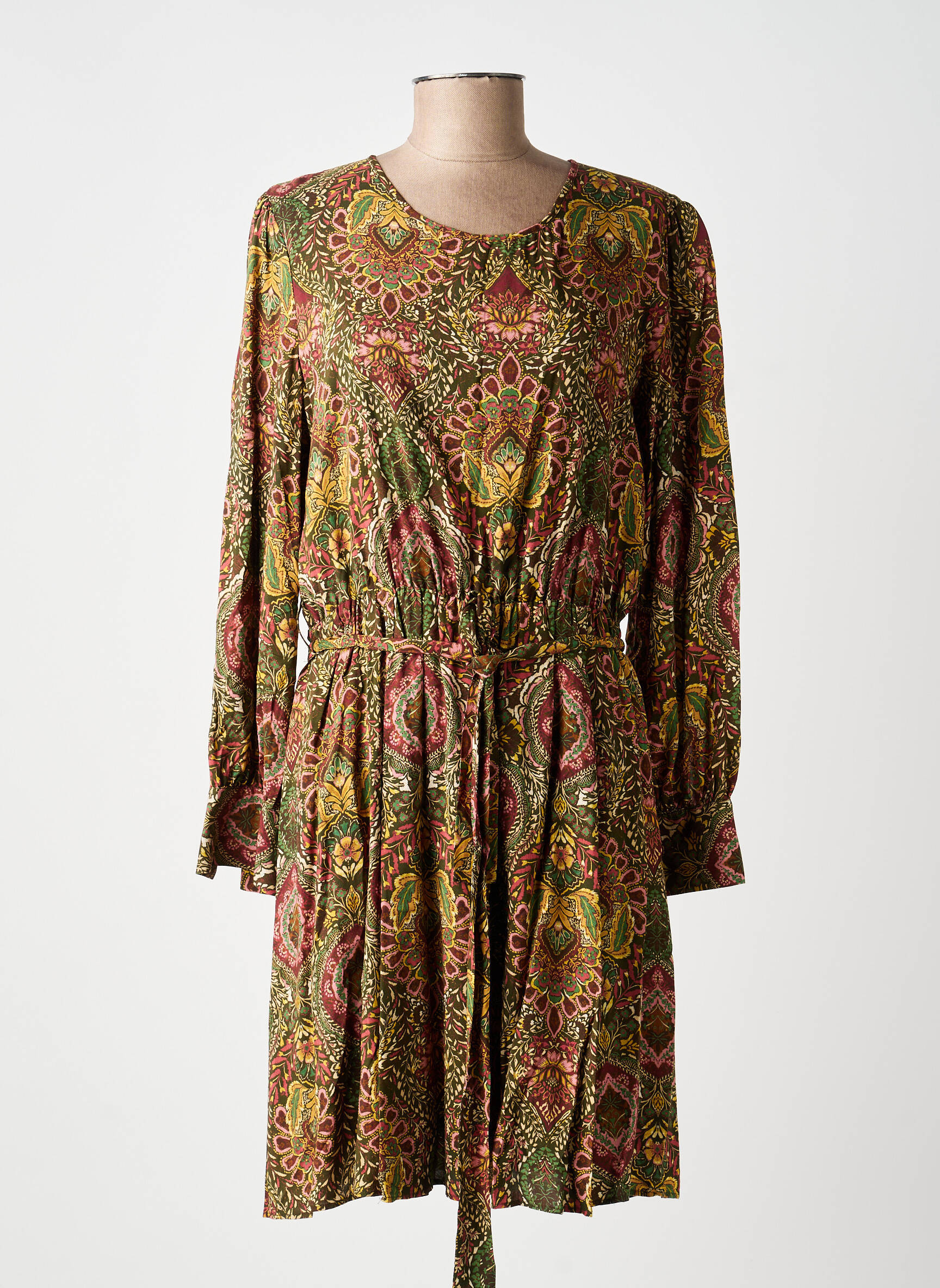 Robe mi-longue imprimé fleurs manches longues vert C'EST BEAU LA VIE femme