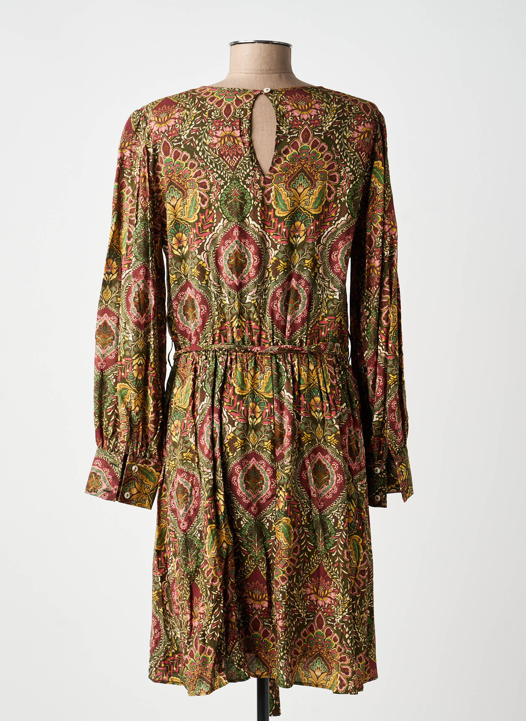 Robe mi-longue imprimé fleurs manches longues vert C'EST BEAU LA VIE femme