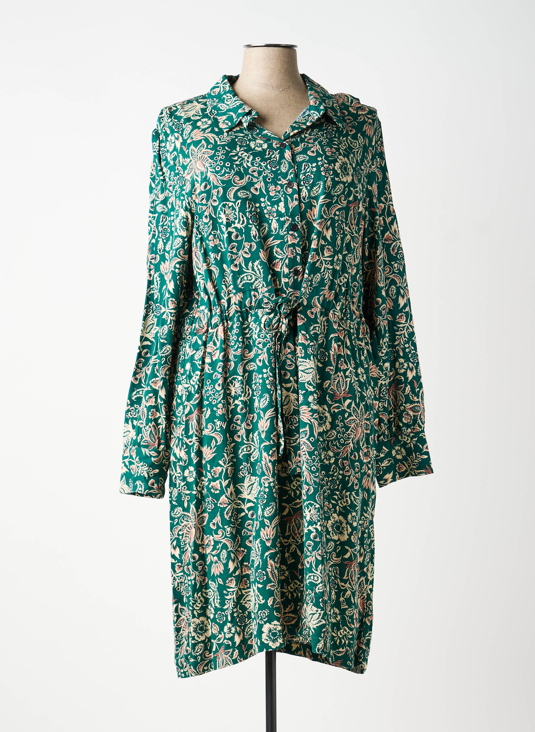 Robe mi-longue imprimé fleurs manches longues vert C'EST BEAU LA VIE femme