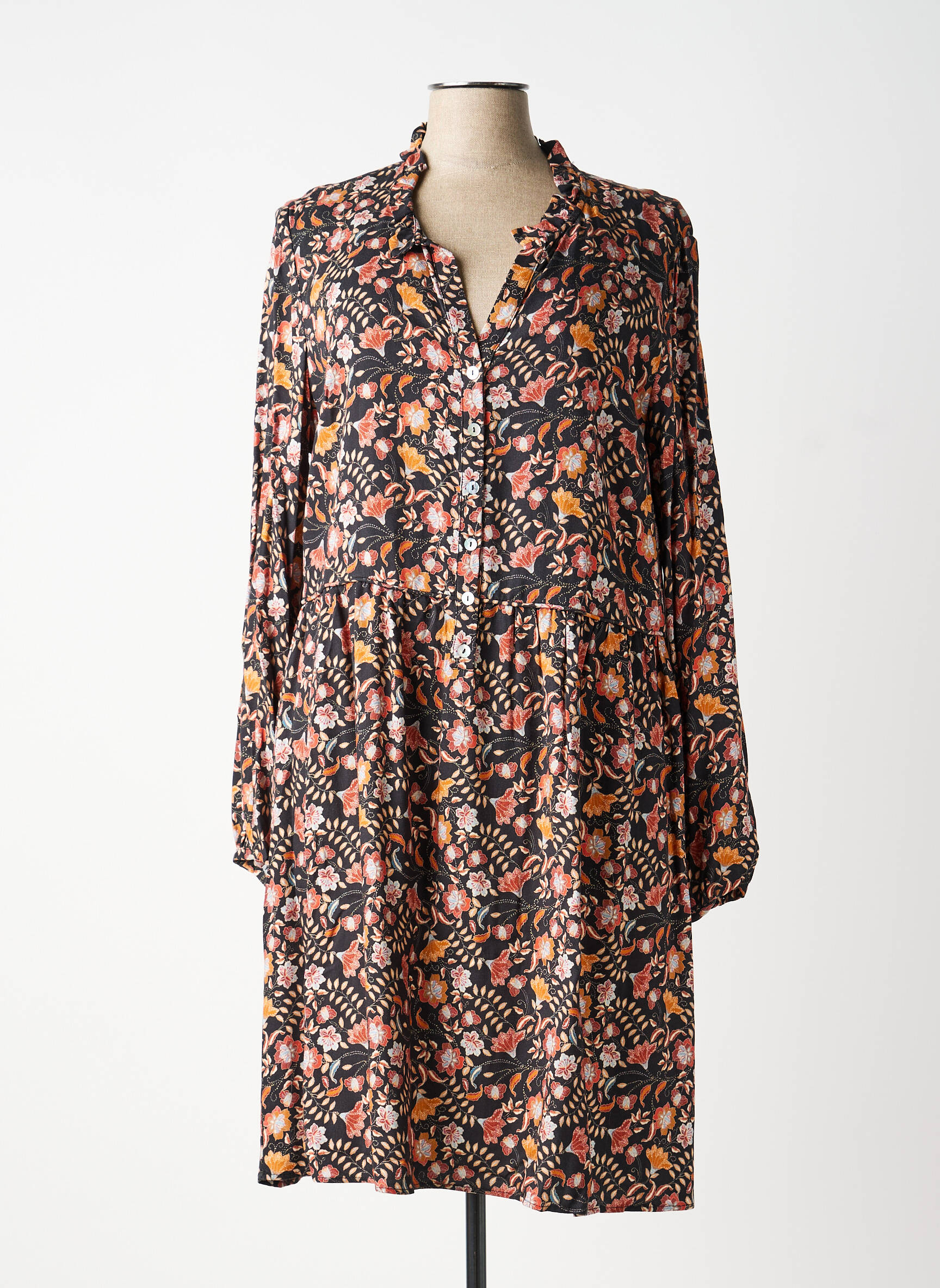 Robe mi-longue imprimé fleurs manches longues noir C'EST BEAU LA VIE femme
