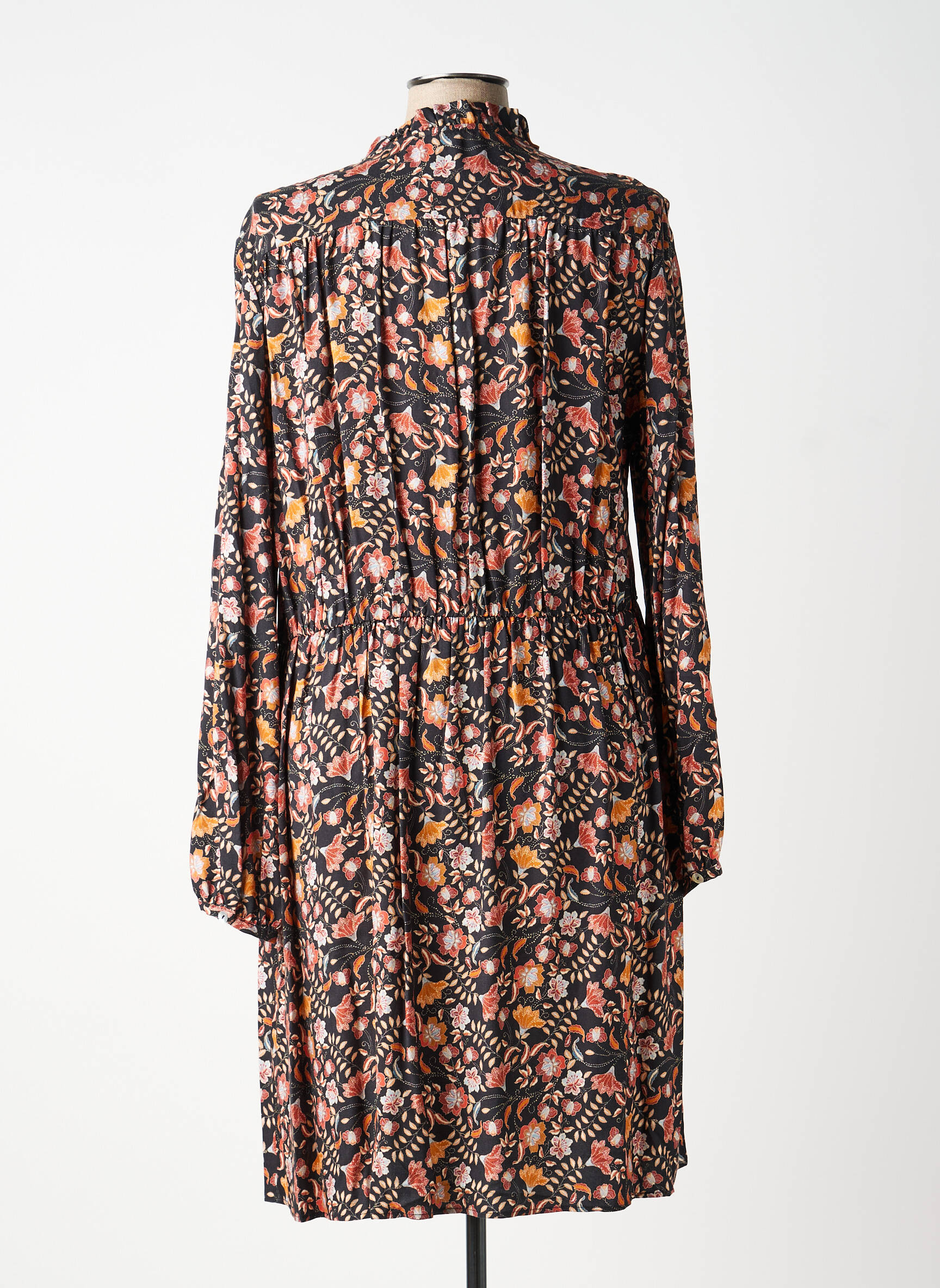 Robe mi-longue imprimé fleurs manches longues noir C'EST BEAU LA VIE femme