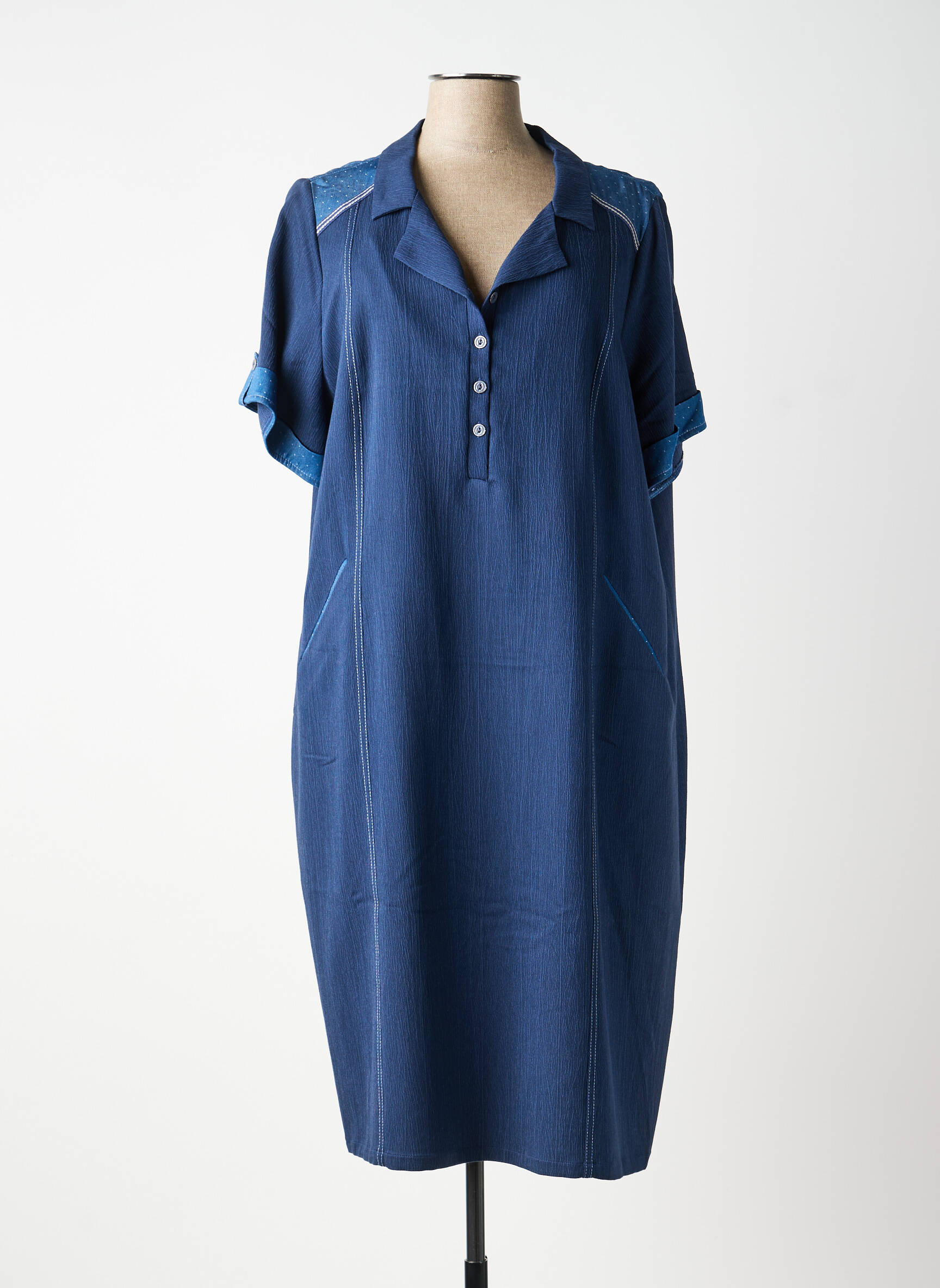 Robe mi-longue tissage crêpe manches courtes bleu GUY DUBOUIS femme