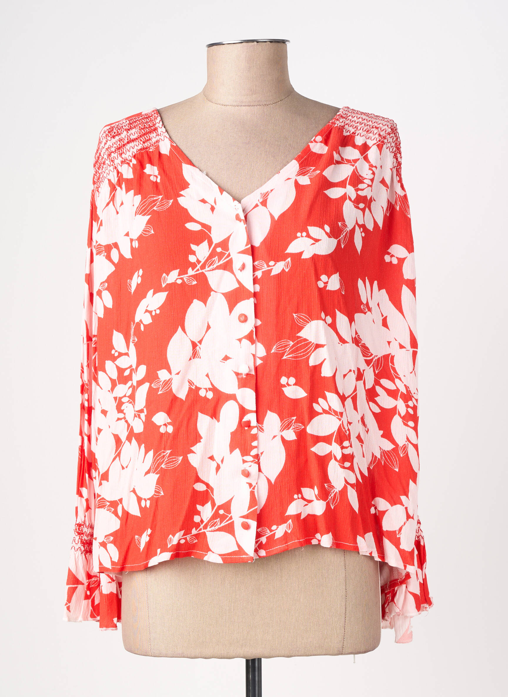 Chemisier imprimé fleurs manches longues rouge EMILIE.K femme