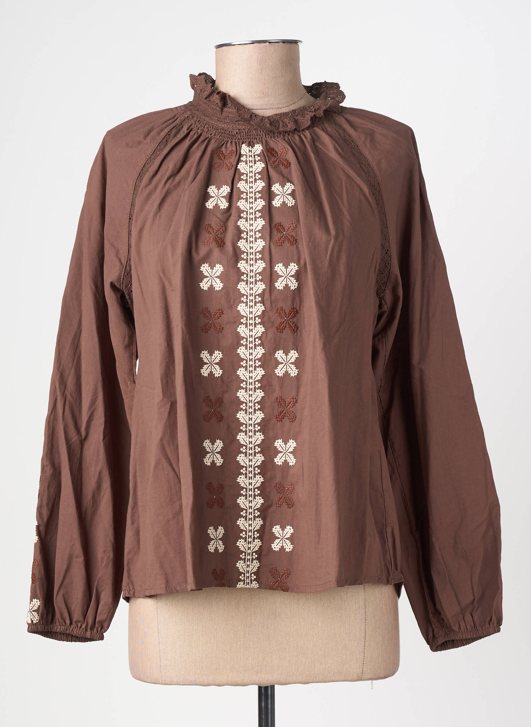 Blouse tissage popeline manches longues marron EMILIE.K femme