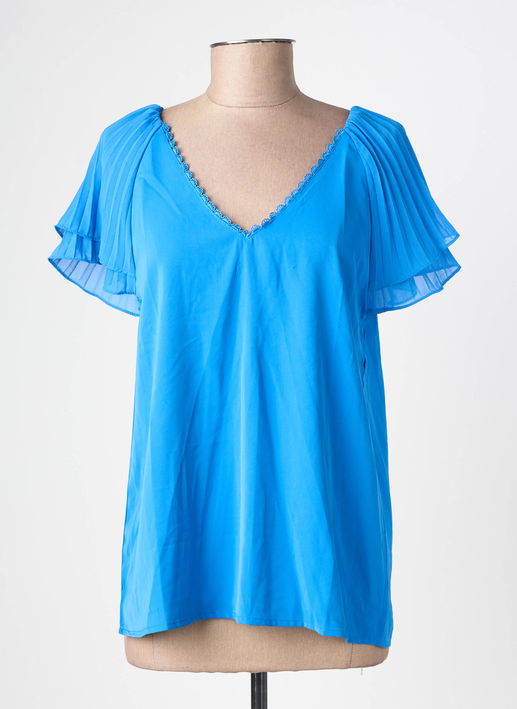 Blouse tissage crêpe manches courtes bleu ANDY & LUCY femme