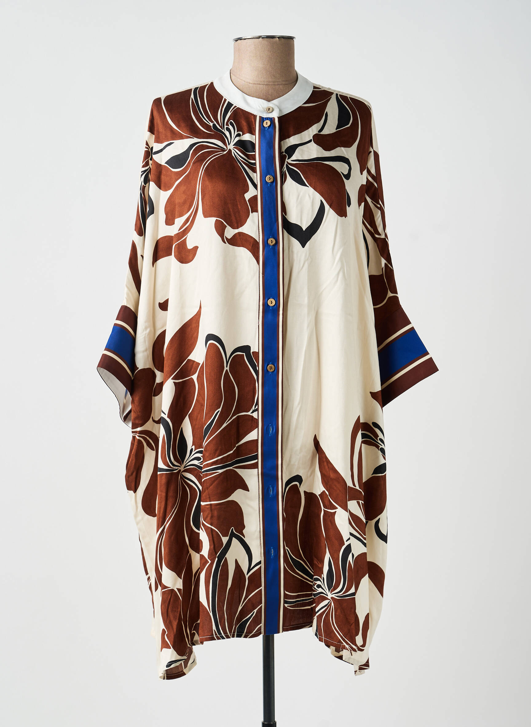 Robe mi-longue imprimé fleurs manches 3/4 marron MAT. femme