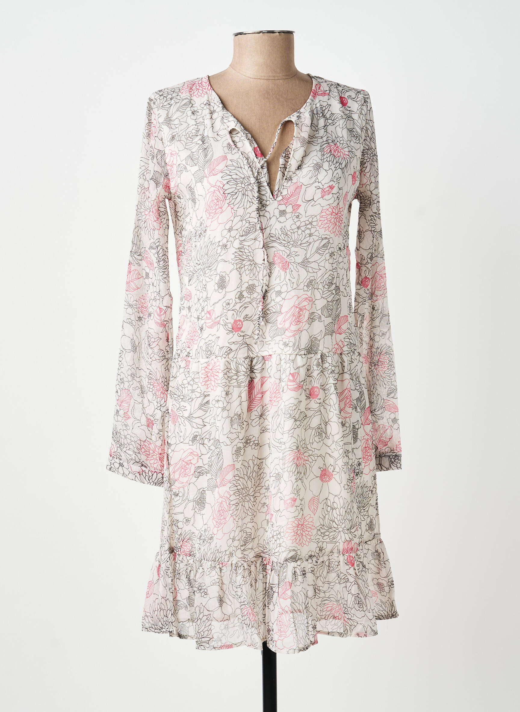 Robe mi-longue imprimé fleurs manches longues blanc BELLAWAY femme