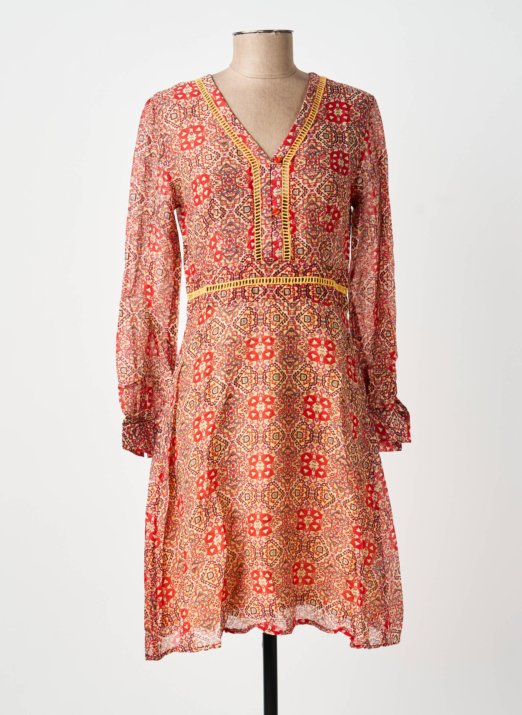Robe mi-longue coupe fluide manches longues rouge BELLAWAY femme