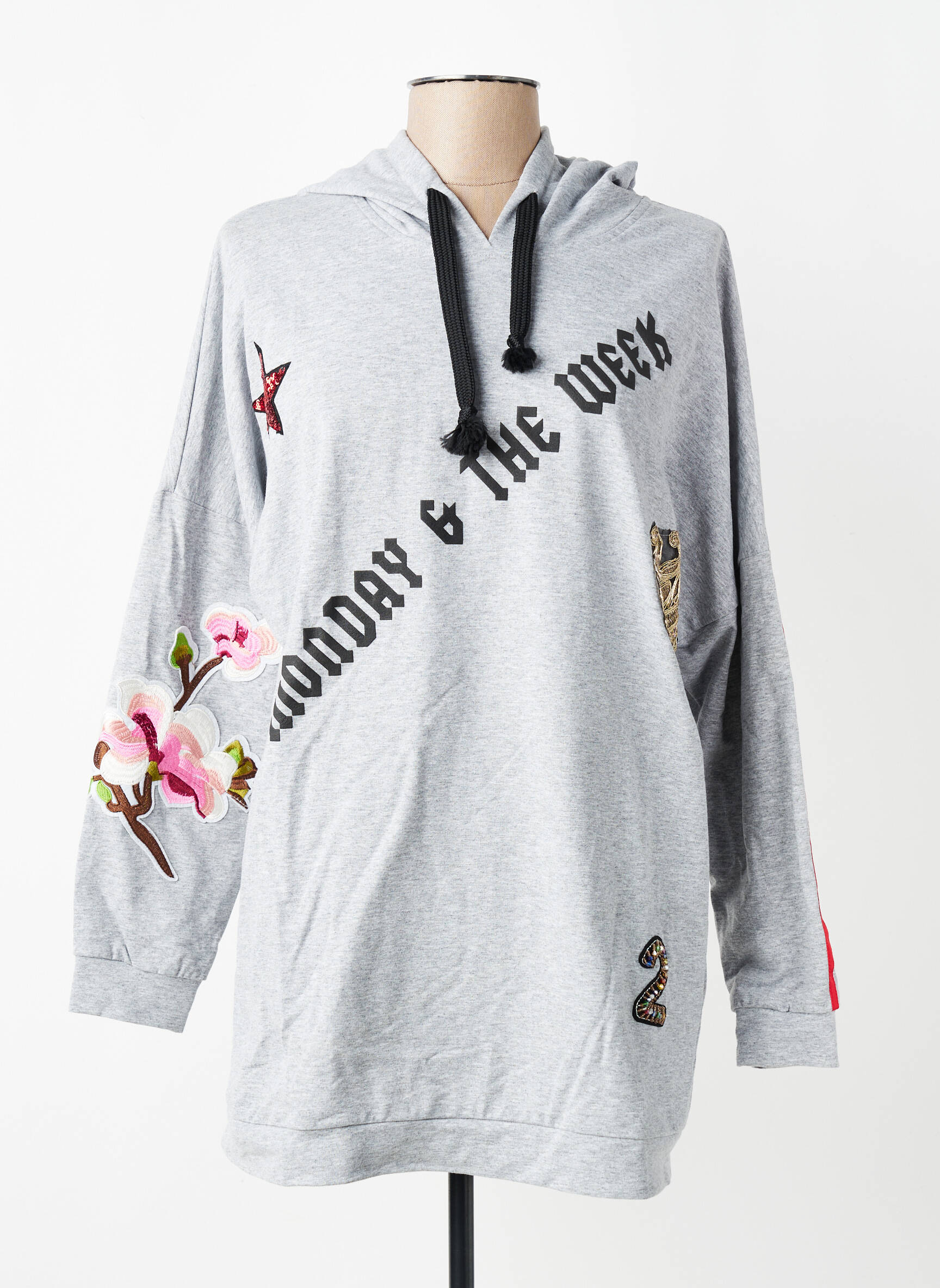 Sweat-shirt à capuche stretch manches longues gris MARYLEY femme