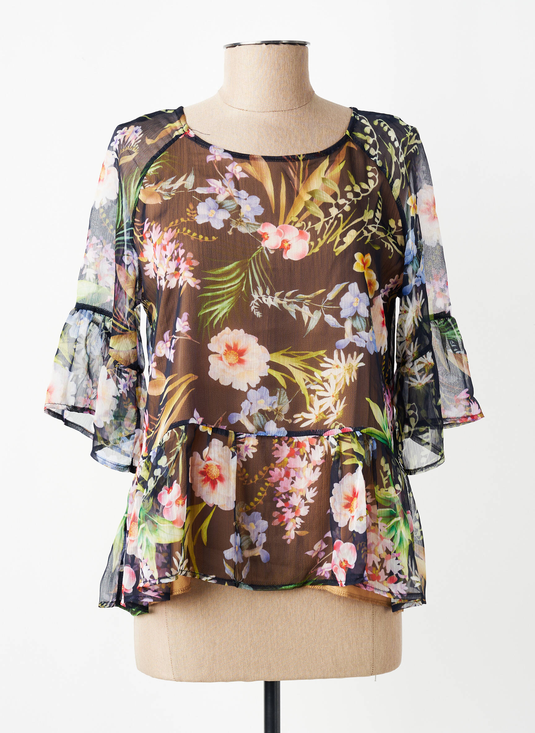Blouse légère et transparente manches 3/4 noir ANGELA DAVIS femme