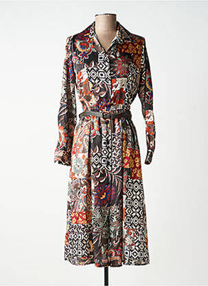 Robe mi-longue imprimé fleurs manches longues marron ANGELA DAVIS femme