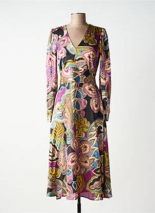 Robe mi-longue imprimé fleurs manches longues vert KING KONG femme