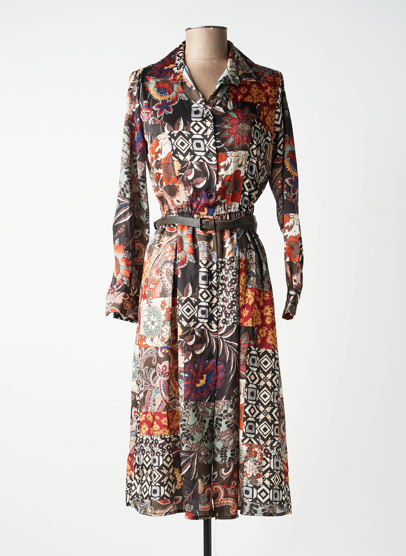 Robe mi-longue imprimé fleurs manches longues marron ANGELA DAVIS femme
